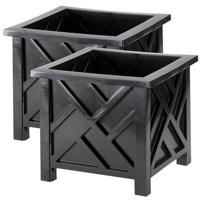 Set of 2 Chippendale Planter Boxes, Black– Outdoor Flower Holder for Garden, Patio and Lawn – 14 ¾” sq. x 13 ¼ H Overall