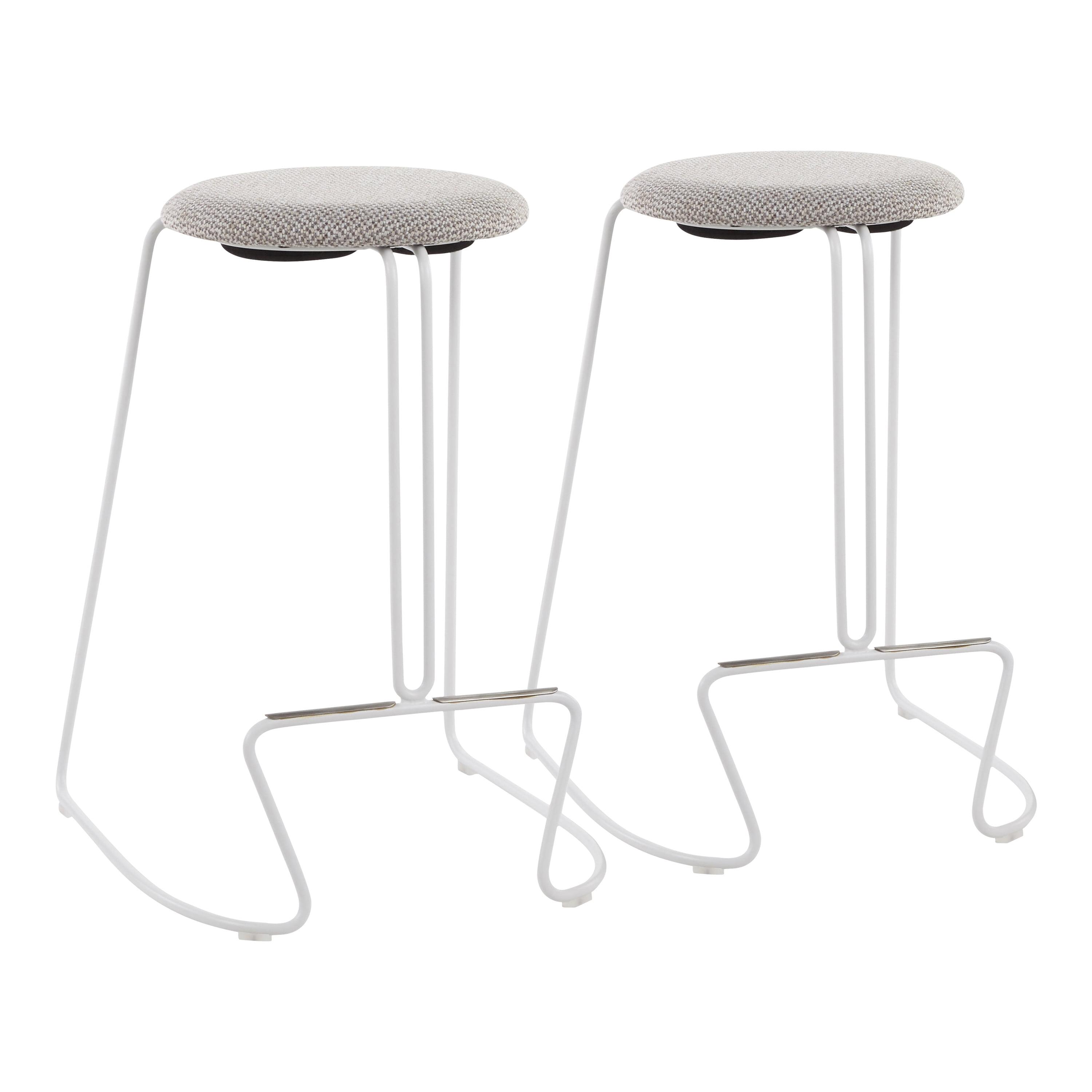 Finn White Steel and Light Grey Fabric Contemporary Counter Stools, Set of 2
