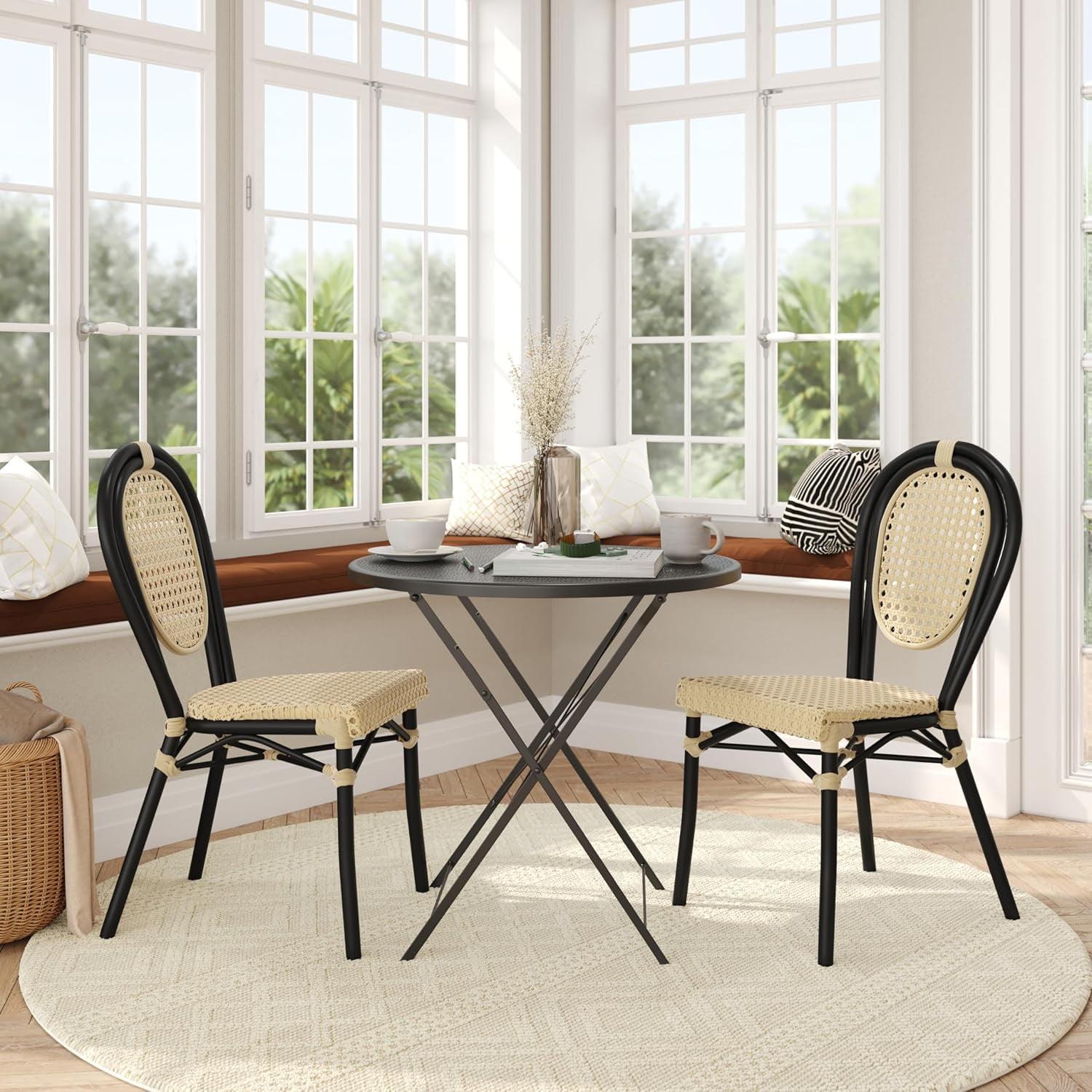 Set of 2 French Style Outdoor/Indoor Commercial Grade Bistro Chairs - Weather Resistant PE Rattan  & Back