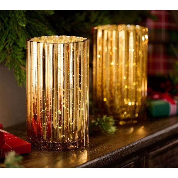 Set of 2 Illuminated Mercury Glass Hurricanes by Valerie in Gold
