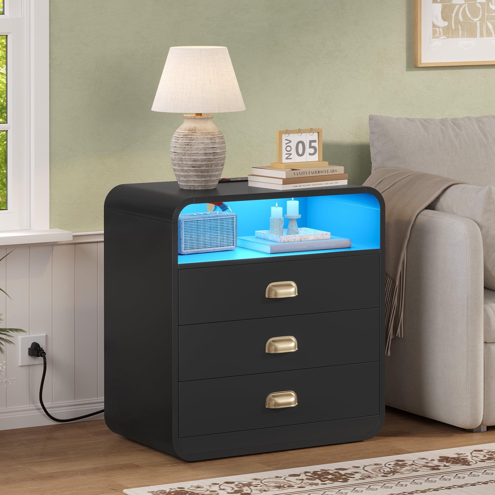 Mesita de Noche con Estación de Carga y Luces LED, Mesita de Noche Moderna con 3 Cajones de Almacenamiento, Diseño de Perfil Curvo, Negro Clásico