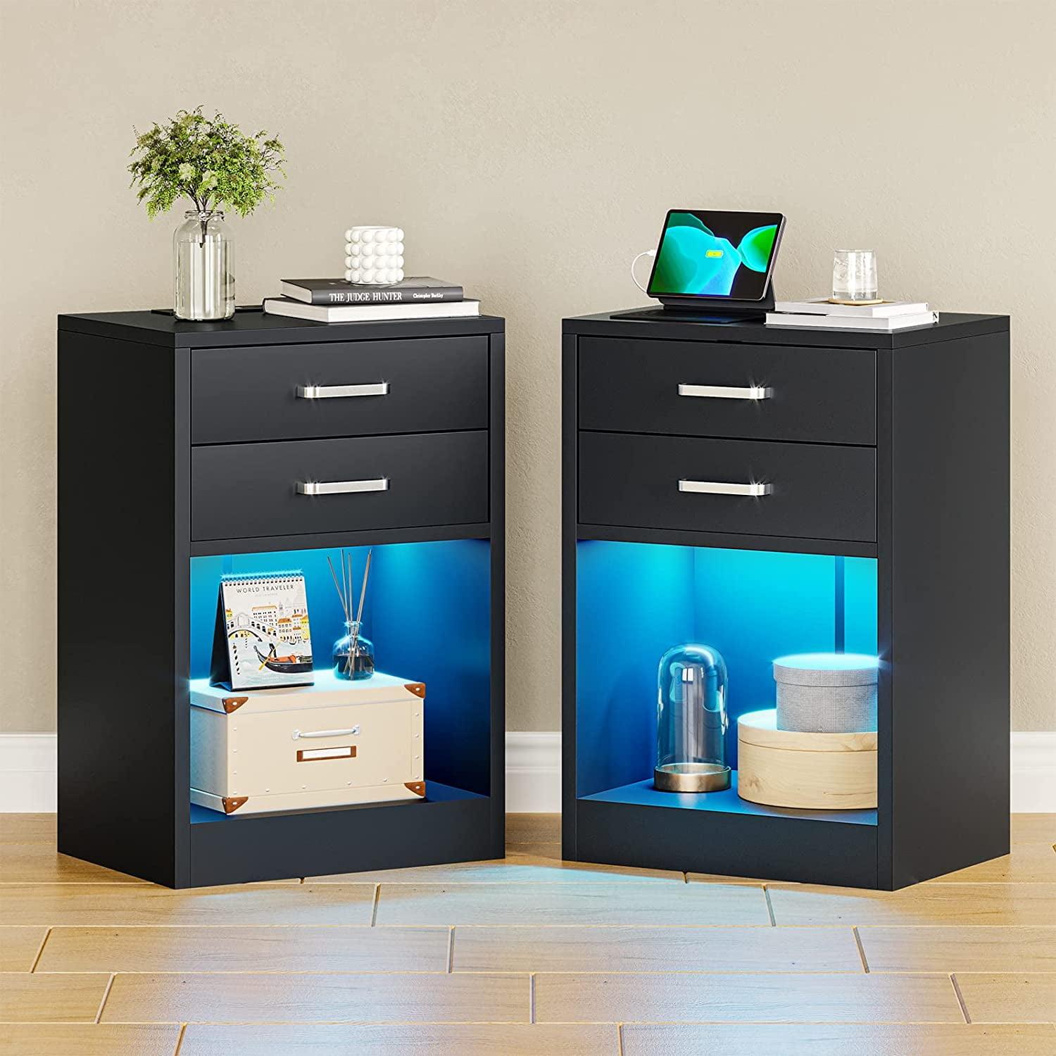 Black Modern 2-Drawer LED Nightstands with Charging Station