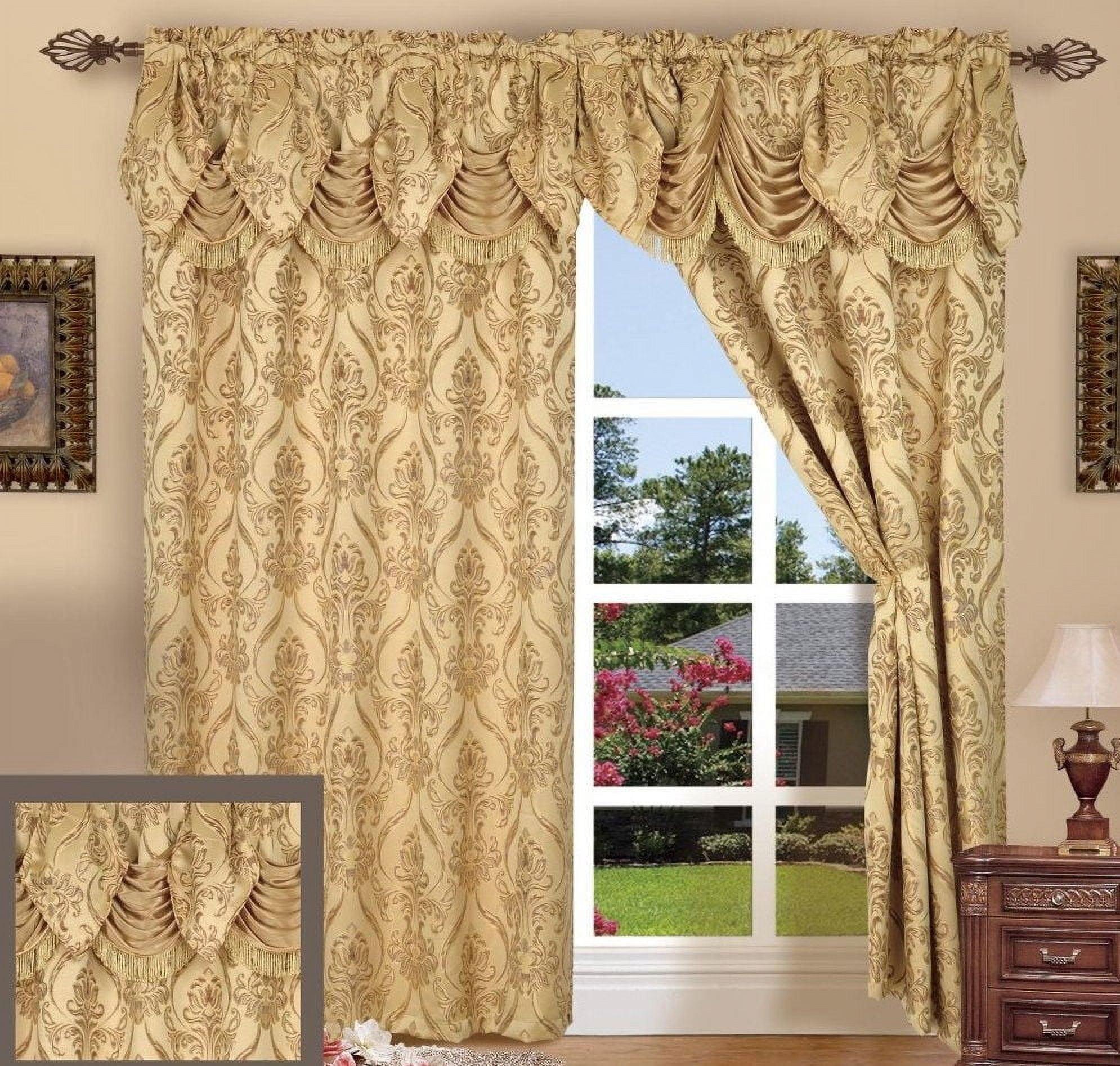 Curtain Panel Set with Attached Waterfall Valance, Jacquard Fabric, (SET of 2), 54 x 84 Inches, Gold