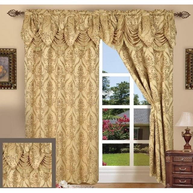 Curtain Panel Set with Attached Waterfall Valance, Jacquard Fabric, (SET of 2), 54 x 84 Inches, Gold