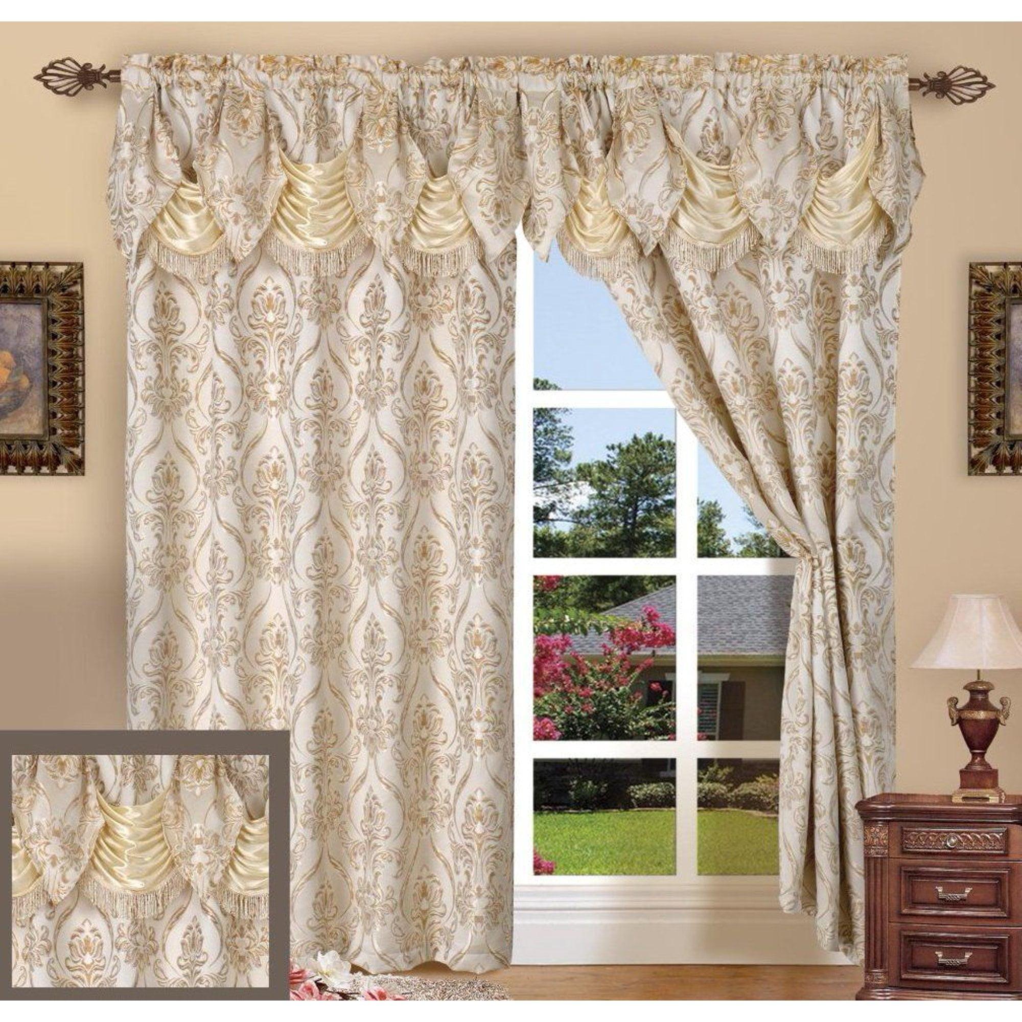 Curtain Panel Set with Attached Waterfall Valance, Jacquard Fabric, (SET of 2), 54 x 84 Inches, Sage Green