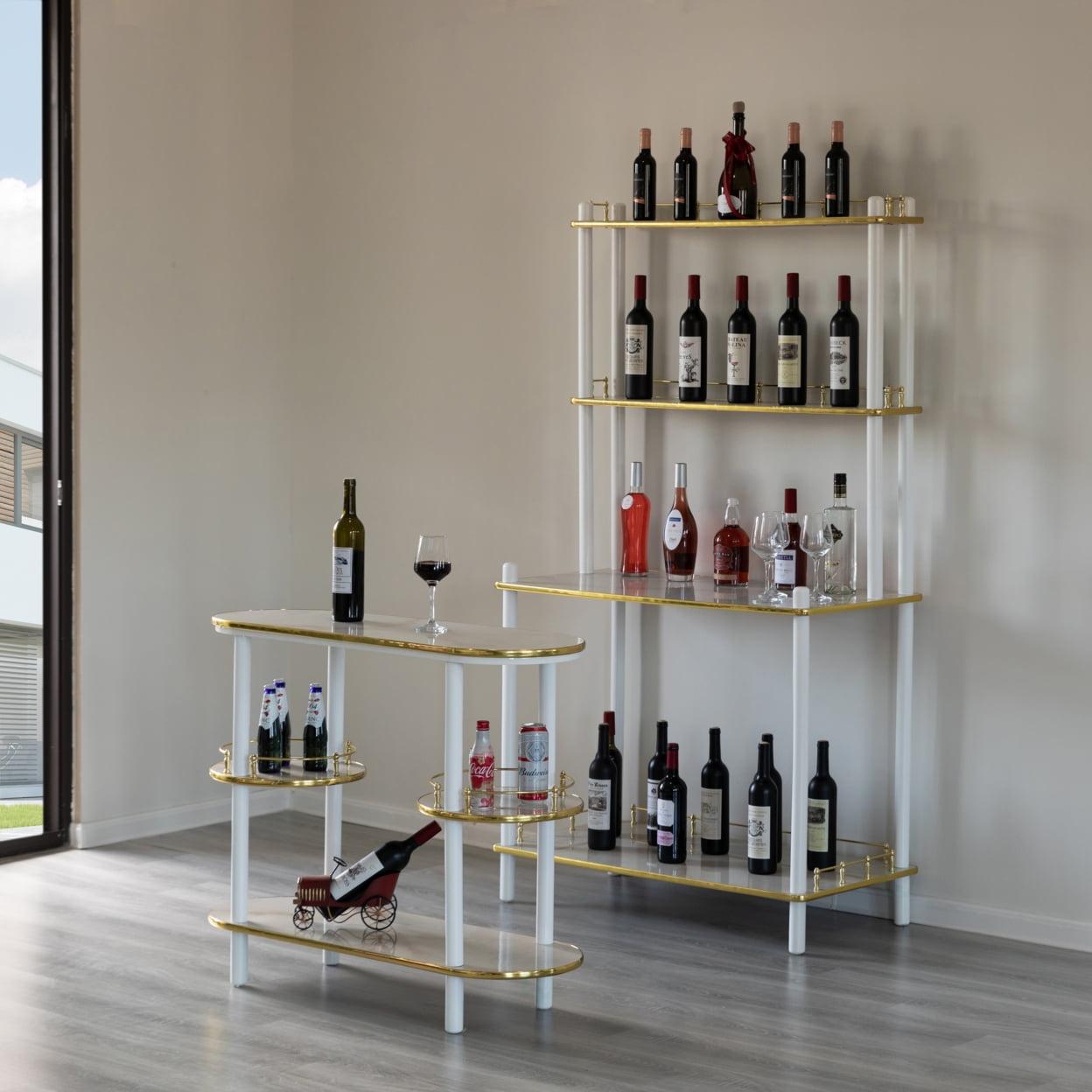 White and Gold Glass Bar Console with Open Shelves