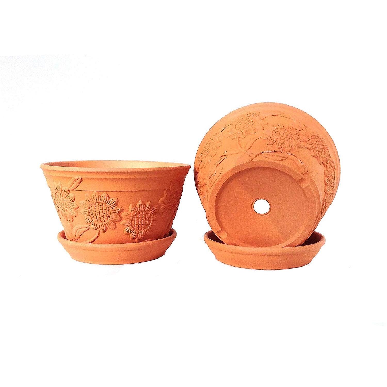 Sunflower Embellished Terracotta Garden Pot Duo with Tray