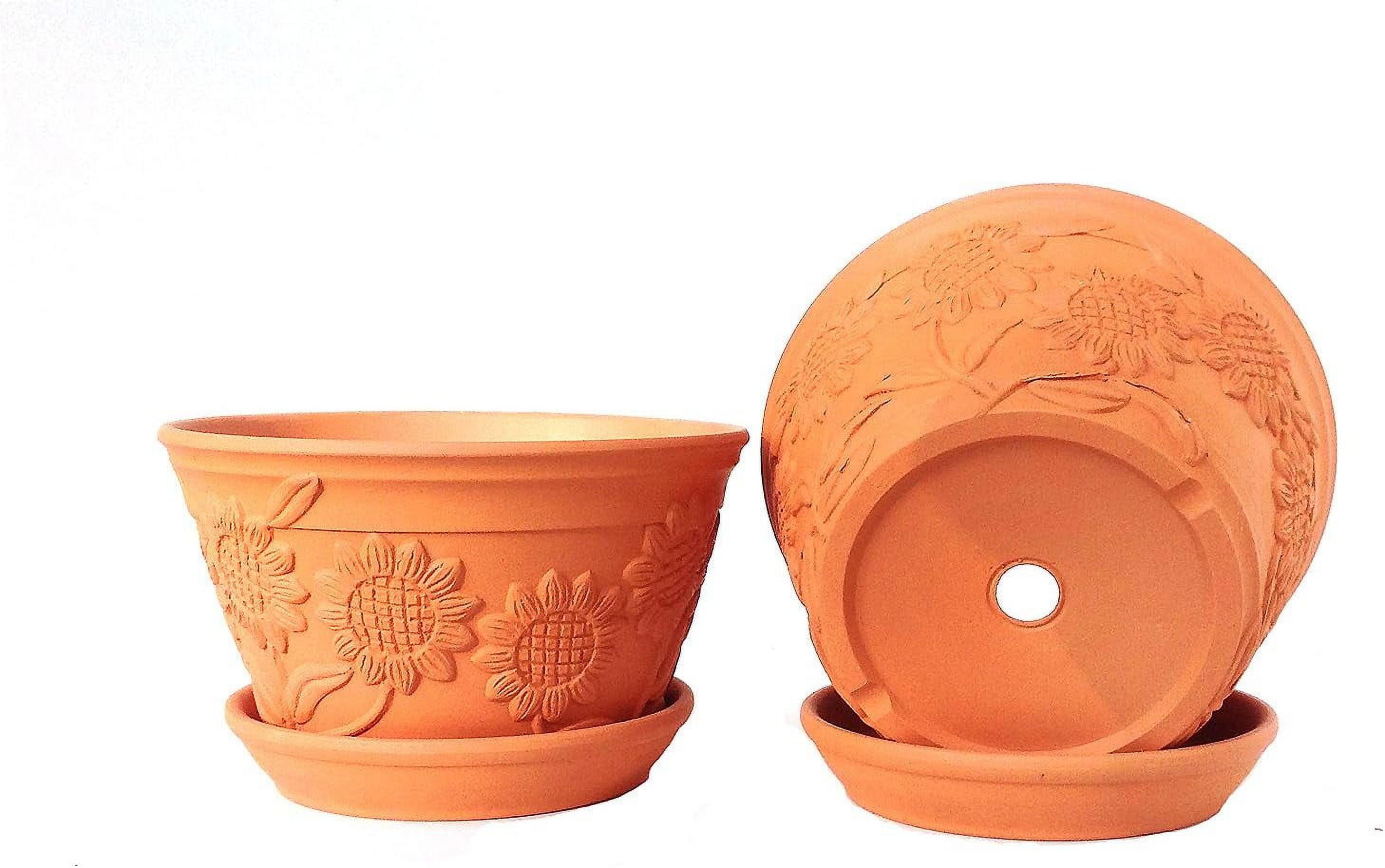 Sunflower Embellished Terracotta Garden Pot Duo with Tray