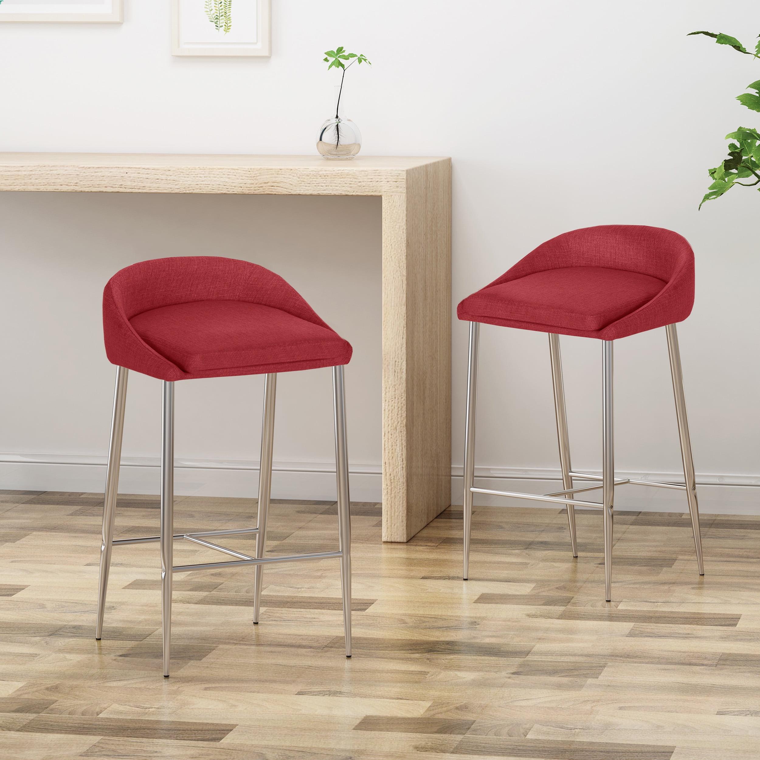 Set of 2 Red and Chrome Upholstered Counter Stools