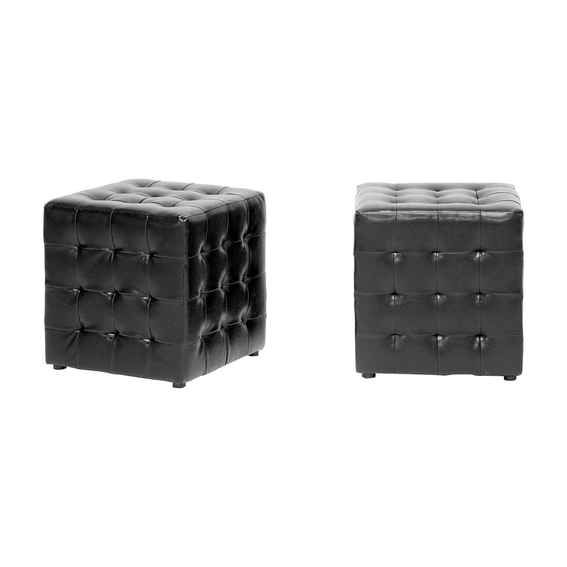 Stitchcraft 15'' Black Faux Leather Tufted Cube Ottoman Set