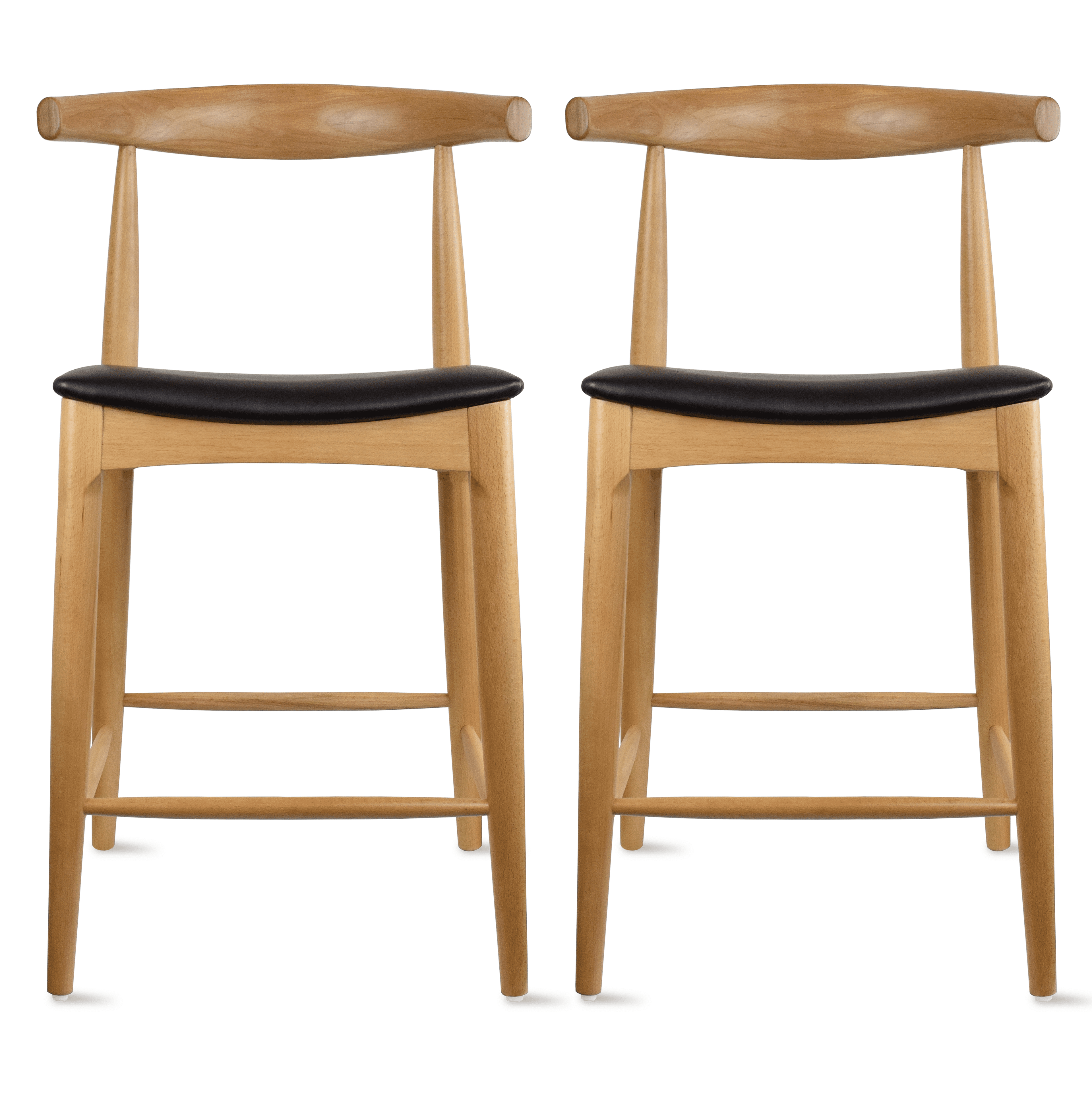 Natural Solid Wood Counter Stools with Black Faux Leather Seat, Set of 2