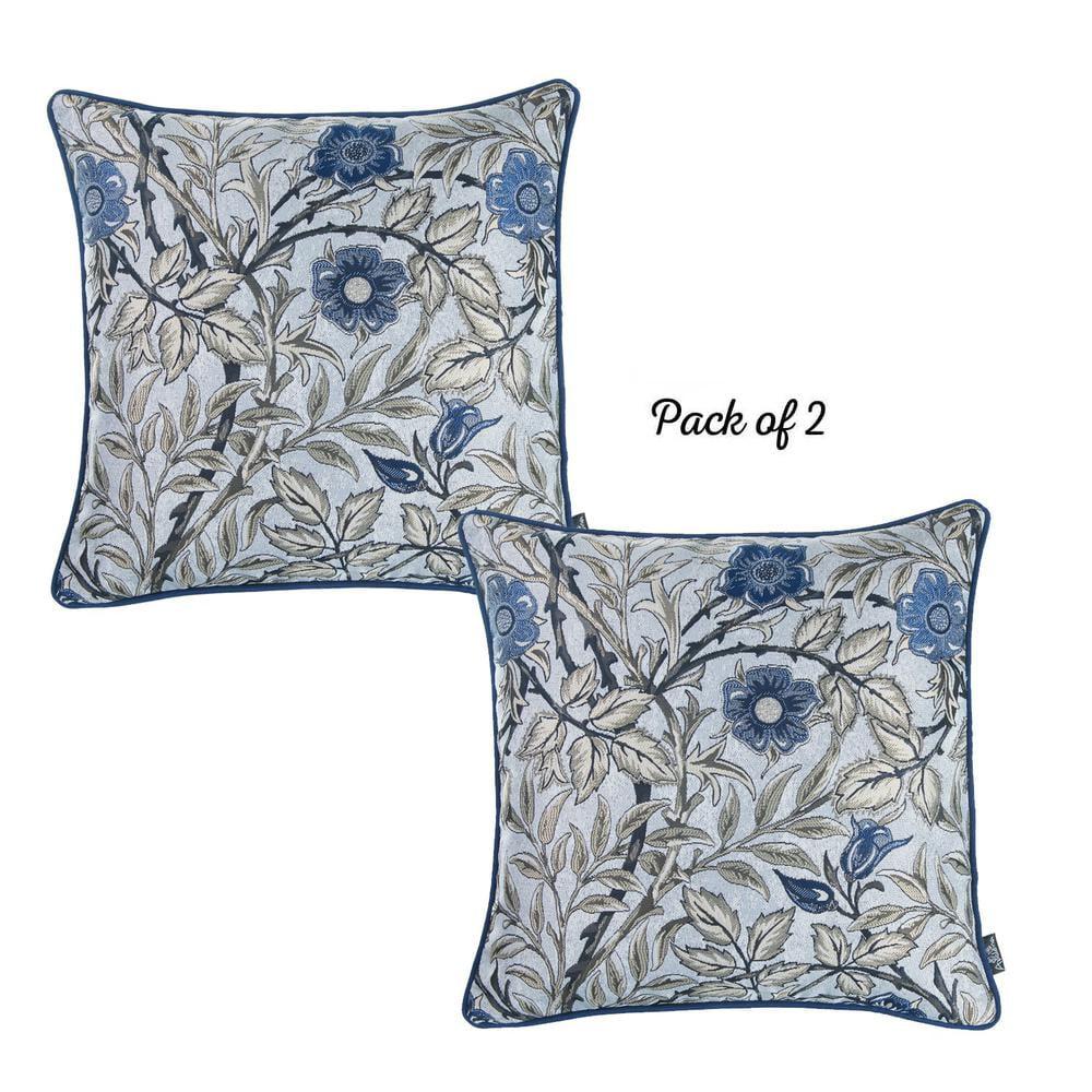 Beige and Blue Floral Jacquard Polyester 17" Throw Pillow Covers, Set of 2