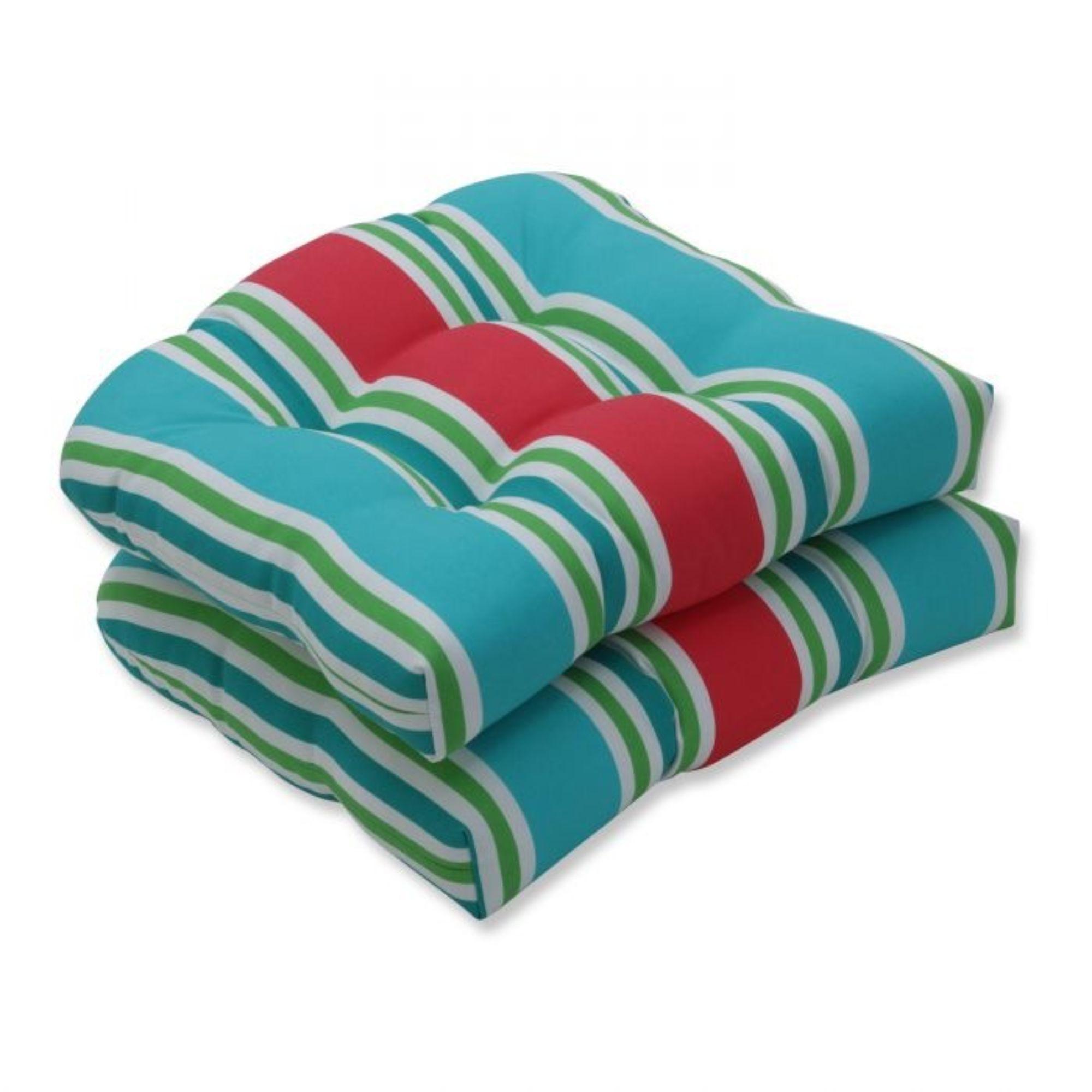2pc Aruba Stripe Wicker Outdoor Seat Cushions Turquoise/Coral - Pillow Perfect: Weather-Resistant Patio Furniture Pads