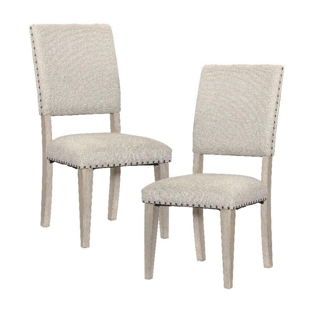 Set of 2 Beige Upholstered High Back Side Chairs with Oak Frame