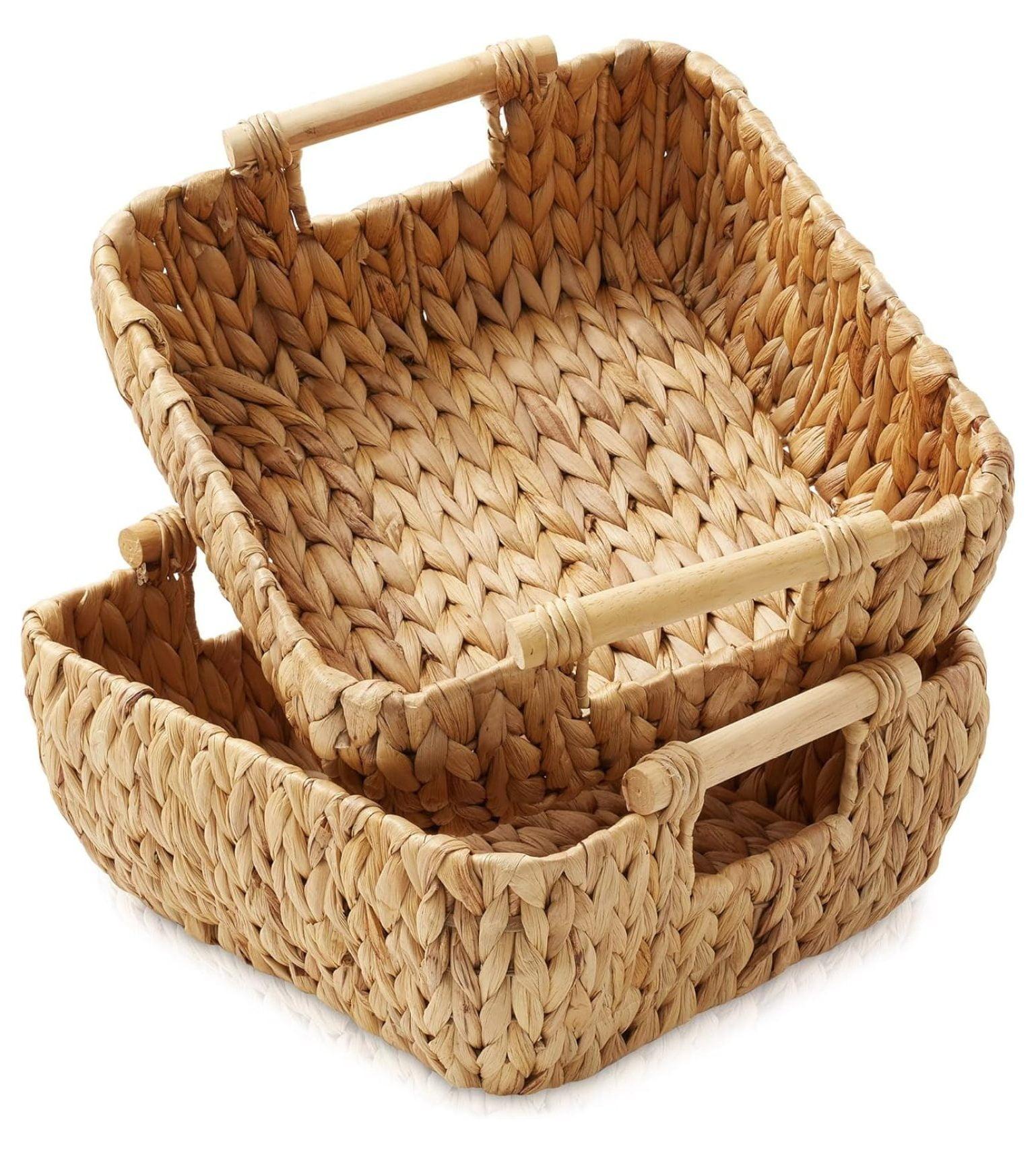 Small Oval Water Hyacinth Storage Baskets with Wooden Handles