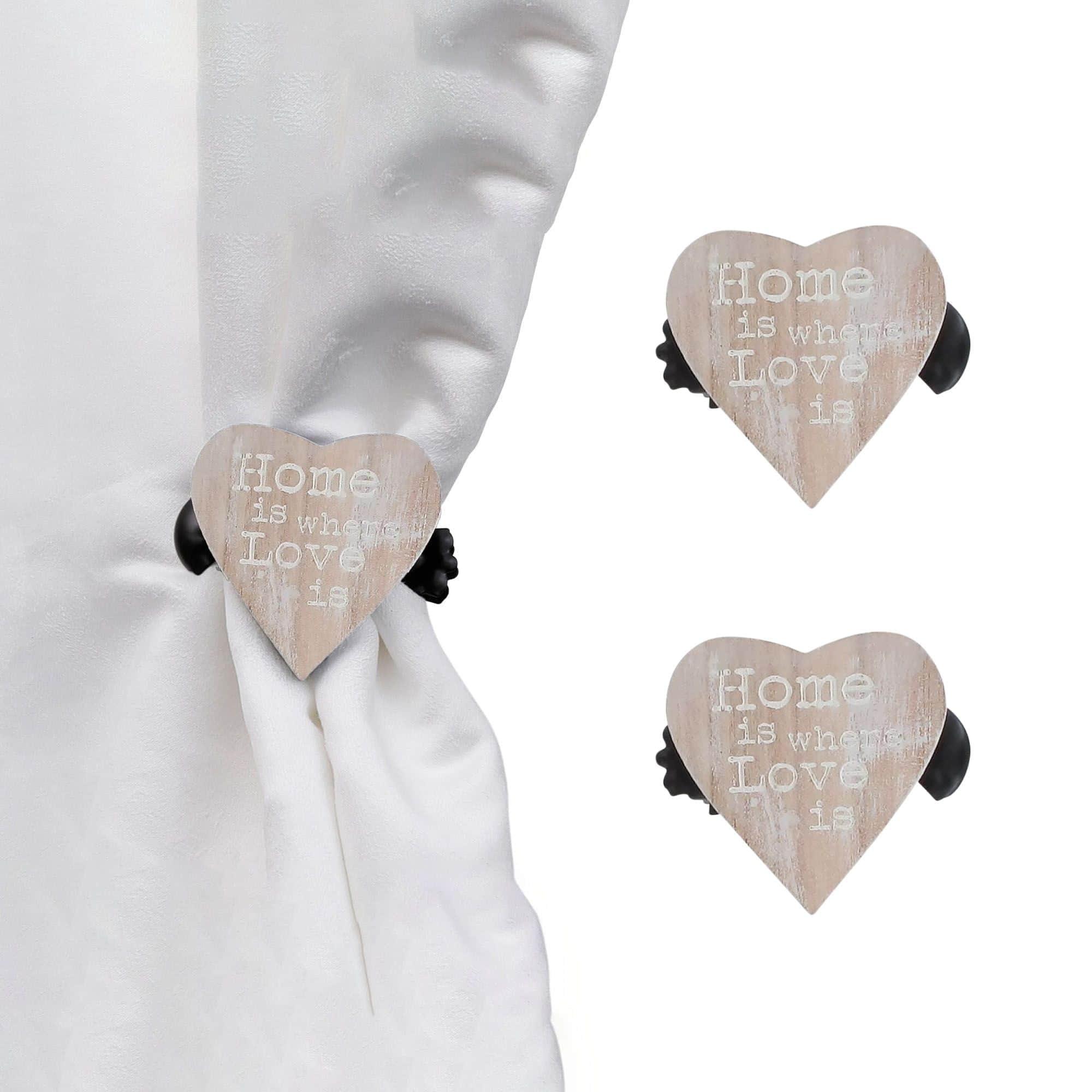Evideco French Home Goods Set of 2 Wooden Heart Curtain Tiebacks – Clip Design – Natural