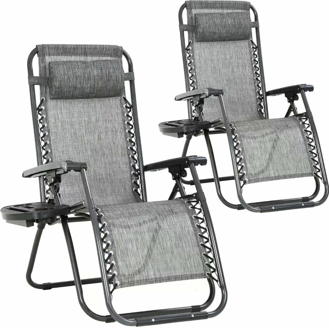 FDW Zero Gravity Chairs Set of 2 with Pillow and Cup Holder Patio  Outdoor Adjustable Dining Reclining Folding Chairs for Deck Patio Beach,Grey