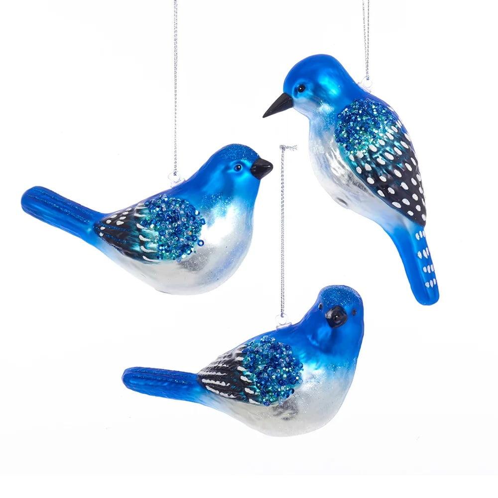 Set of 3 Glass BLUE BIRD Christmas Ornaments, 3" Tall, by Kurt Adler