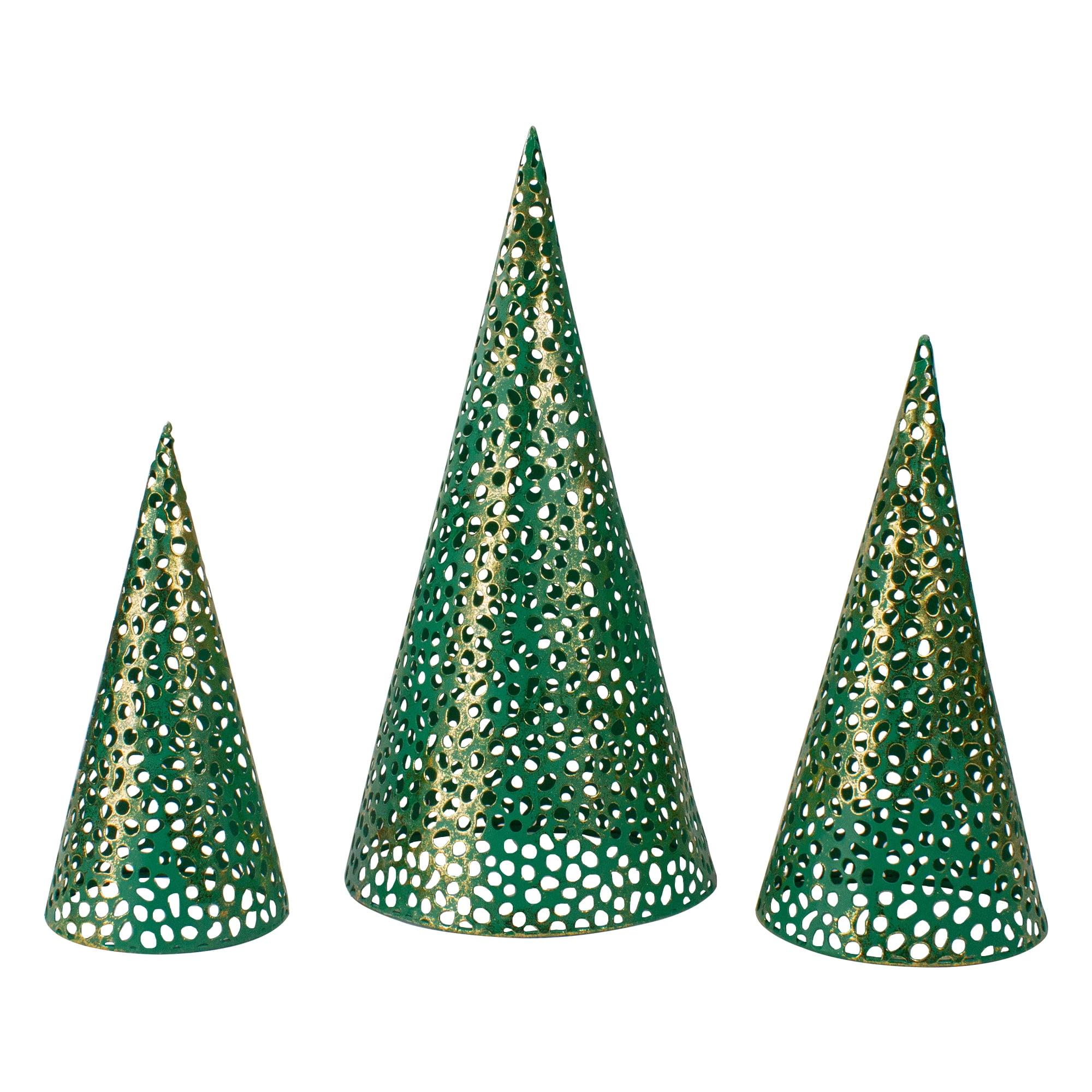 Set of 3 Green and Gold Metal Cone Christmas Trees