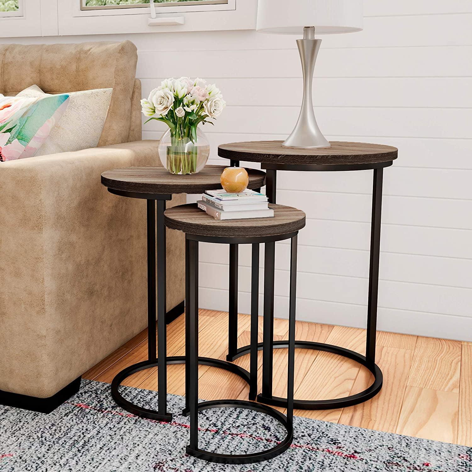 Set of 3 Gray-Brown Round Woodgrain Nesting Tables with Black Metal Base