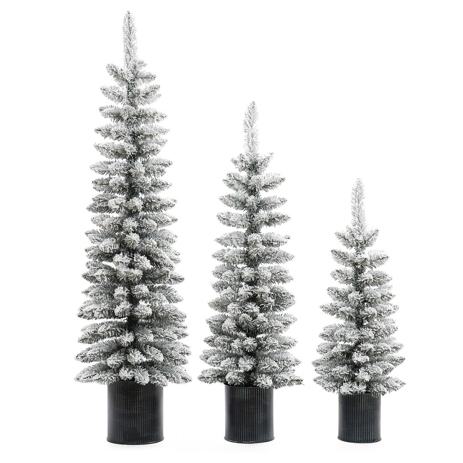 LuxenHome Set of 3 Unlit Snow-Flocked Christmas Trees with Metal Pots White