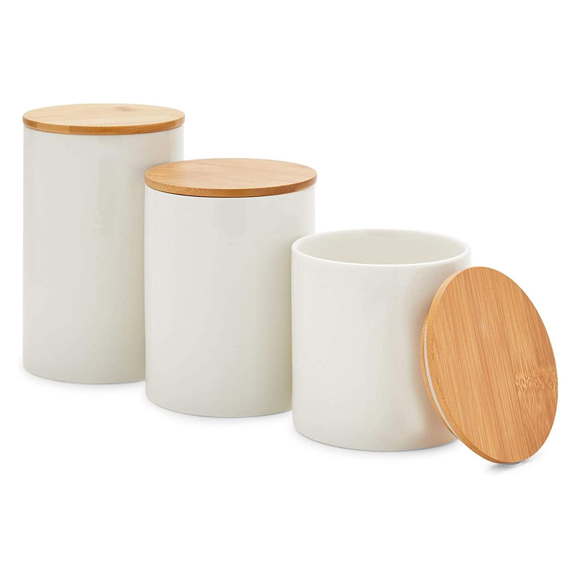 Set of 3 White Ceramic Canisters with Bamboo Lids