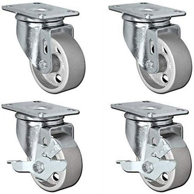 Set of 4 All Steel Swivel Plate Caster Wheels with Brakes Locking (3" Combo)