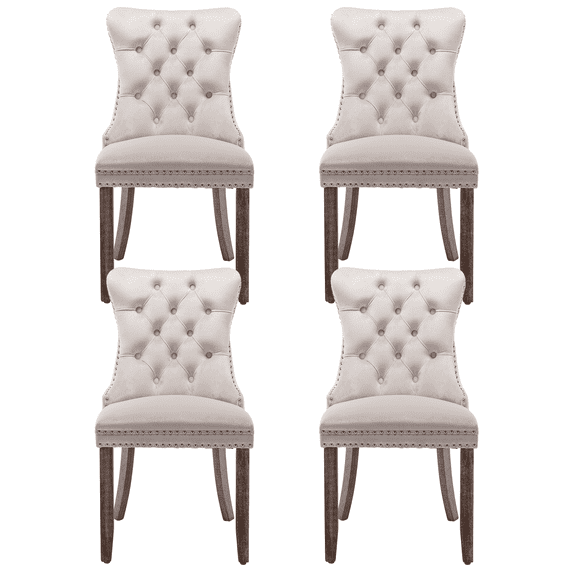 SoarFlash Velvet Dining Chairs Set of 4, Tall Back Side Chair, Modern Upholstered High-end Tufted Side Chair with Button Back Ring, Solid Wood Legs (Beige)