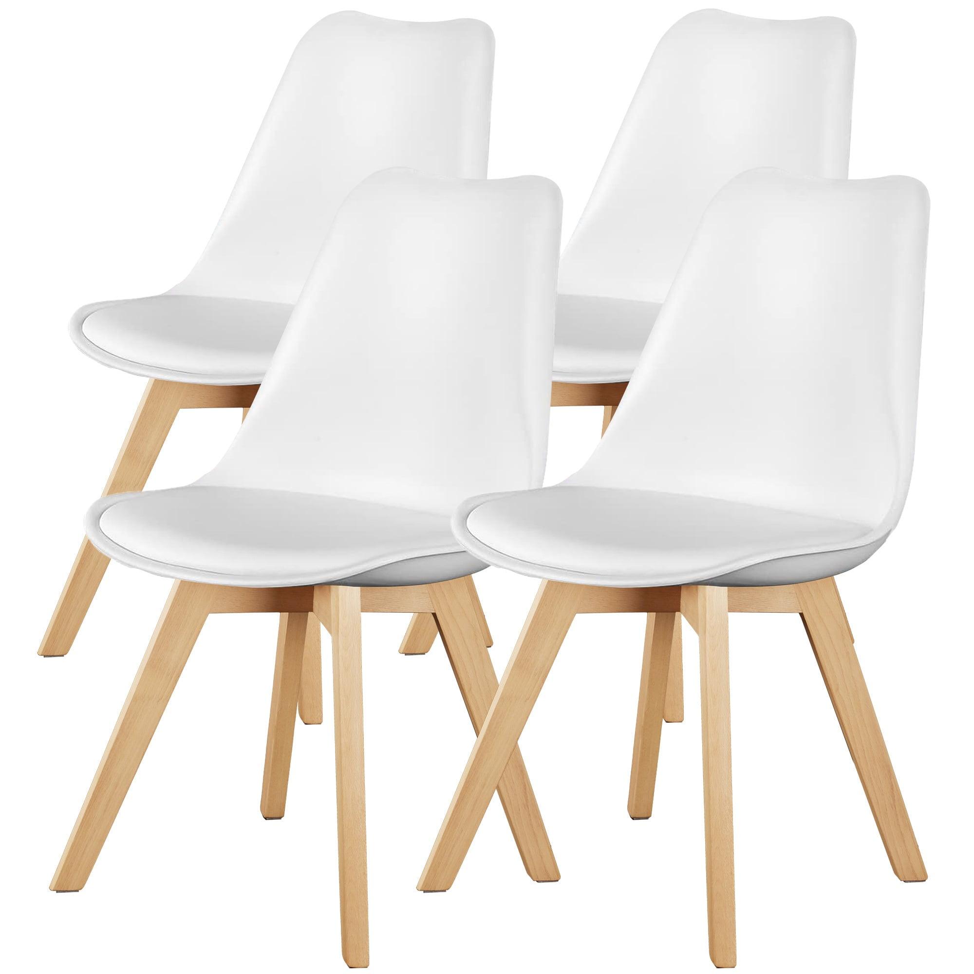 Set of 4 White Faux Leather Upholstered Dining Side Chairs with Wood Legs