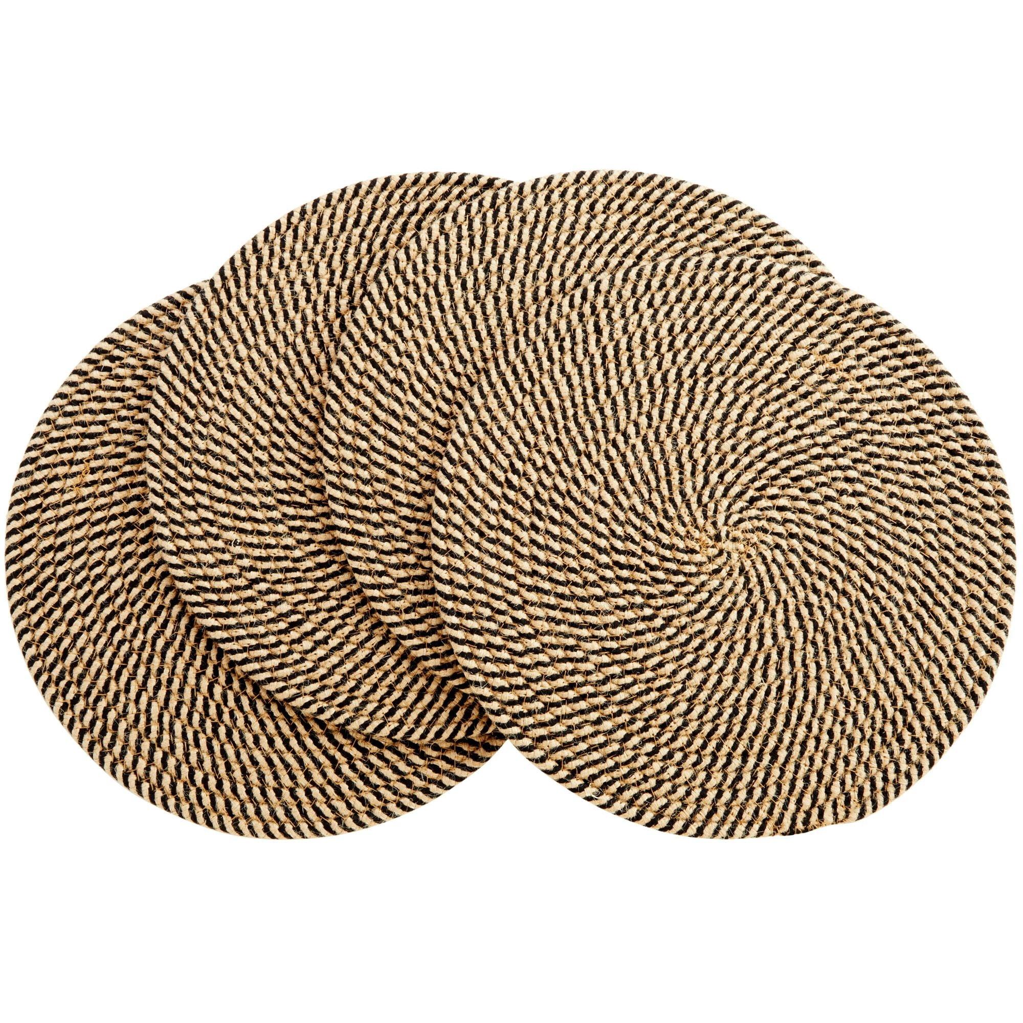 Farmlyn Creek Set of 4 Round Jute Placemats for Table, Woven Charger Mats for Plates (Blue and Tan Pattern, 13 in)