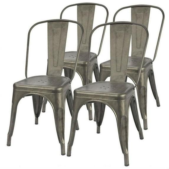 Flamaker Metal Dining Chairs Indoor-Outdoor Use Stackable Side Chairs with Back Industrial Kitchen Classic Trattoria Chair Set of 4 (Black)