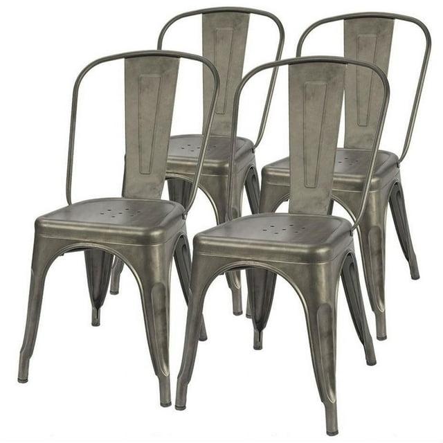 Flamaker Metal Dining Chairs - Stackable Kitchen & Restaurant Side Chairs, Set of 4 (Gun Metal)