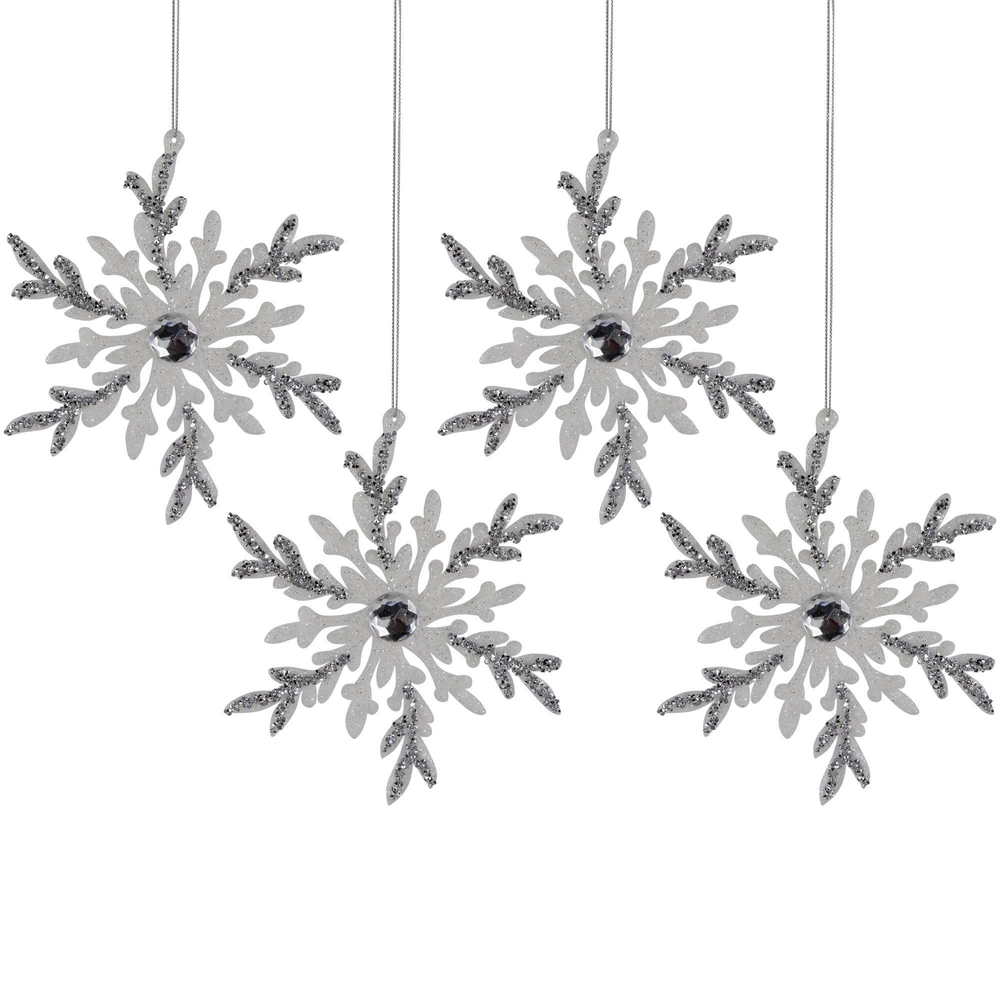 Set of 4 White and Silver Glitter Snowflake Ornaments