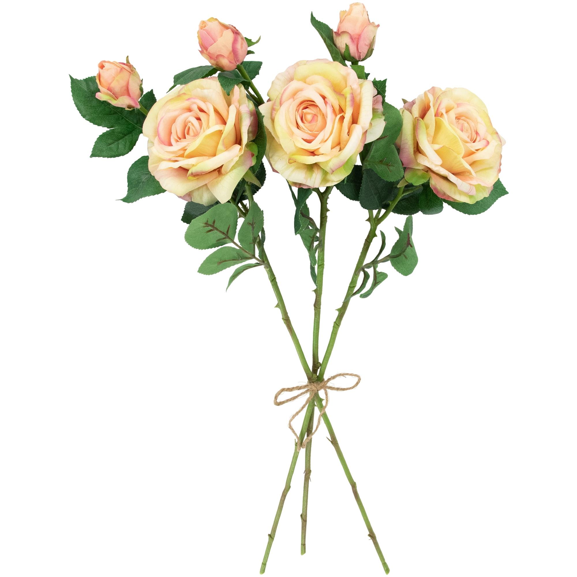 Cream and Pink Real Touch Artificial Rose Stems Set of 6