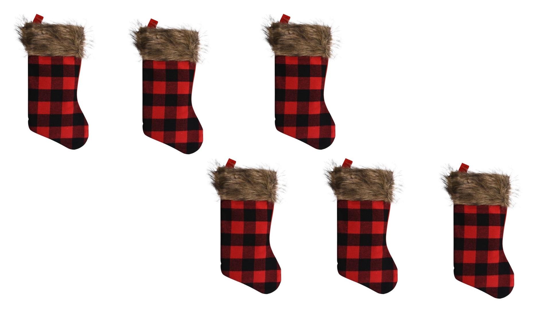 Set of 6 Red Buffalo Plaid Christmas Stockings with Faux Fur Trim