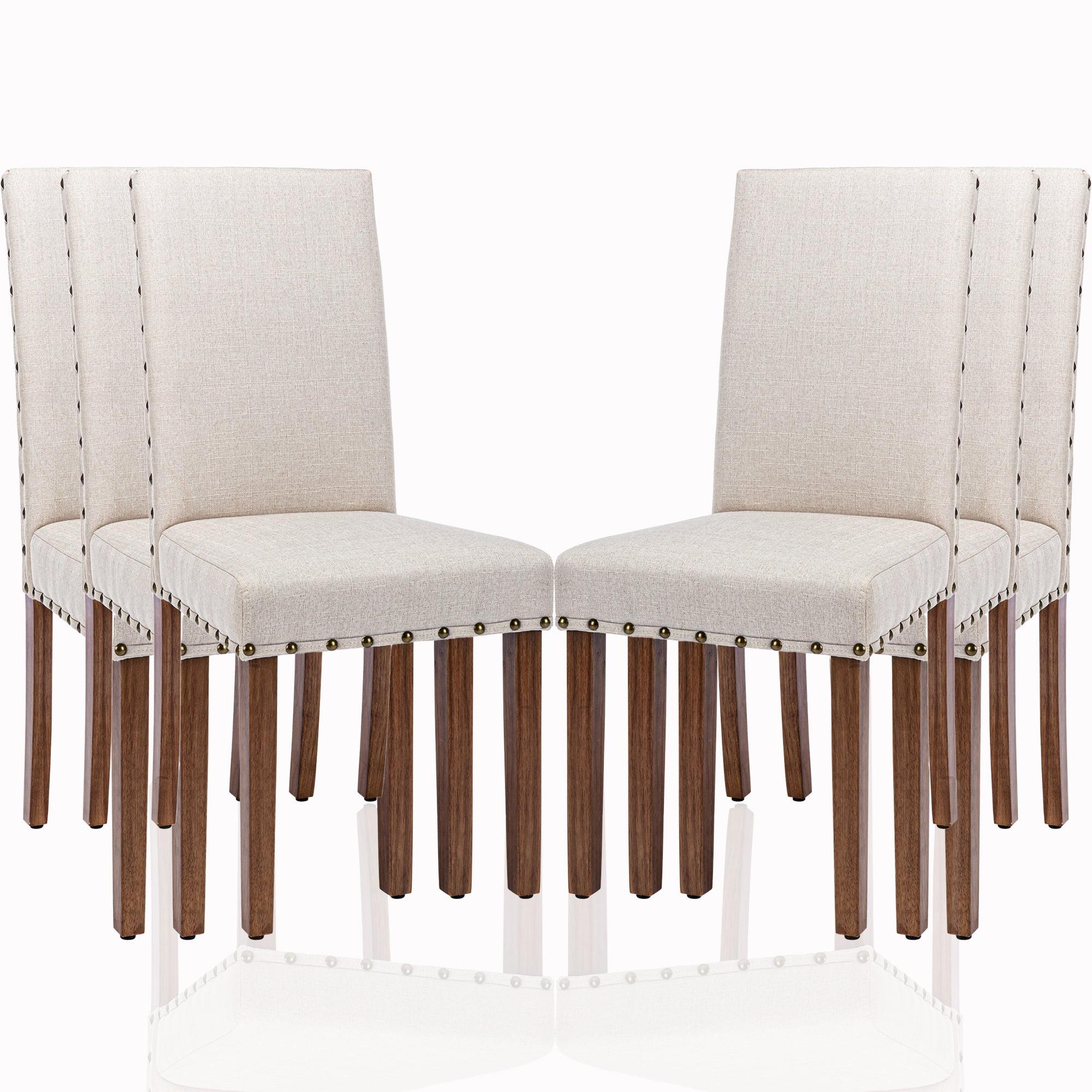 Beige Linen Upholstered Parsons Dining Chairs with Wood Legs, Set of 6