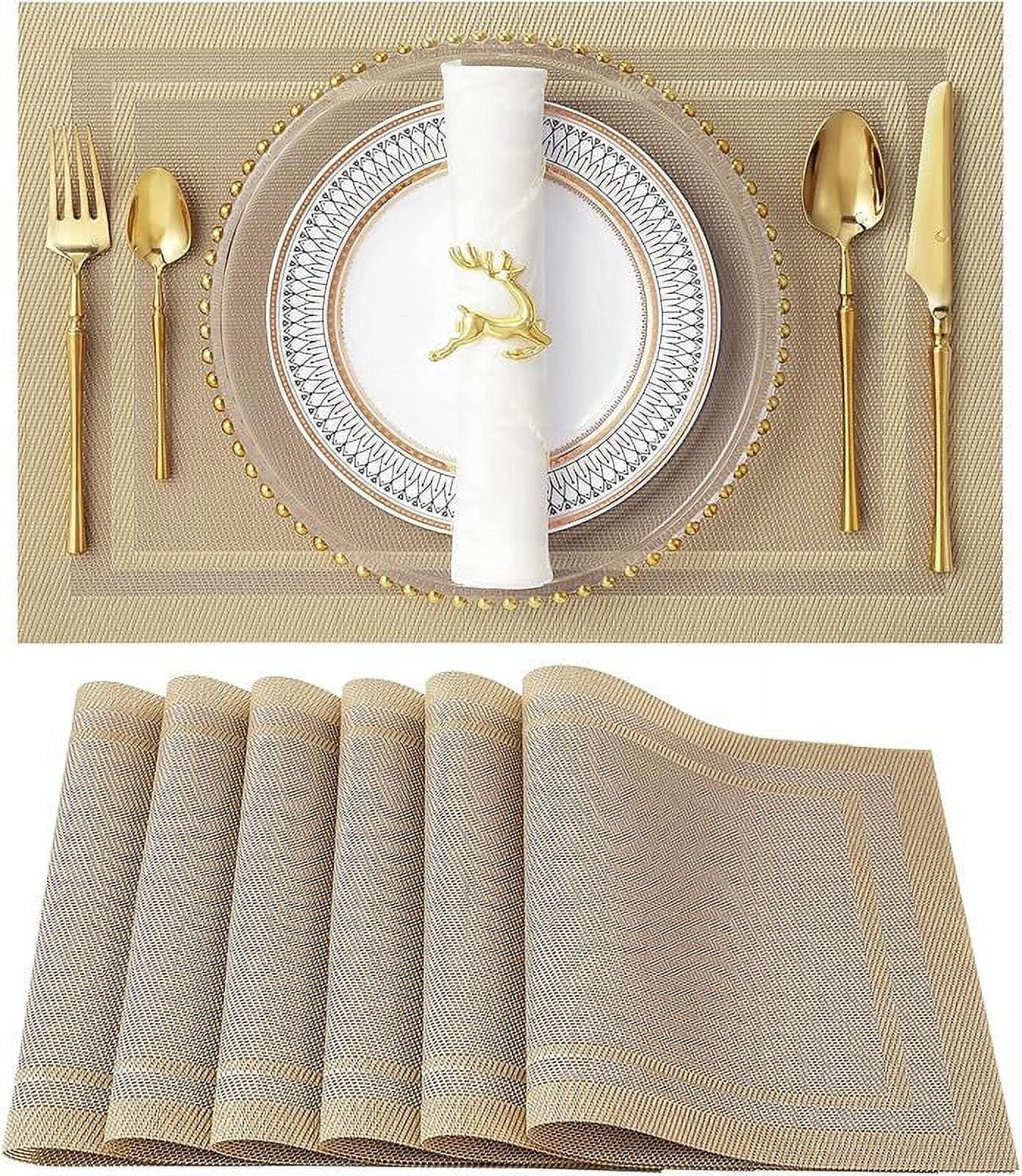 Set of 8 Heat-Resistant Placemats Stain Resistant Anti-Skid Placemats for Kitchen Table, Washable Durable PVC Table Mats Woven Vinyl Placemats Beige