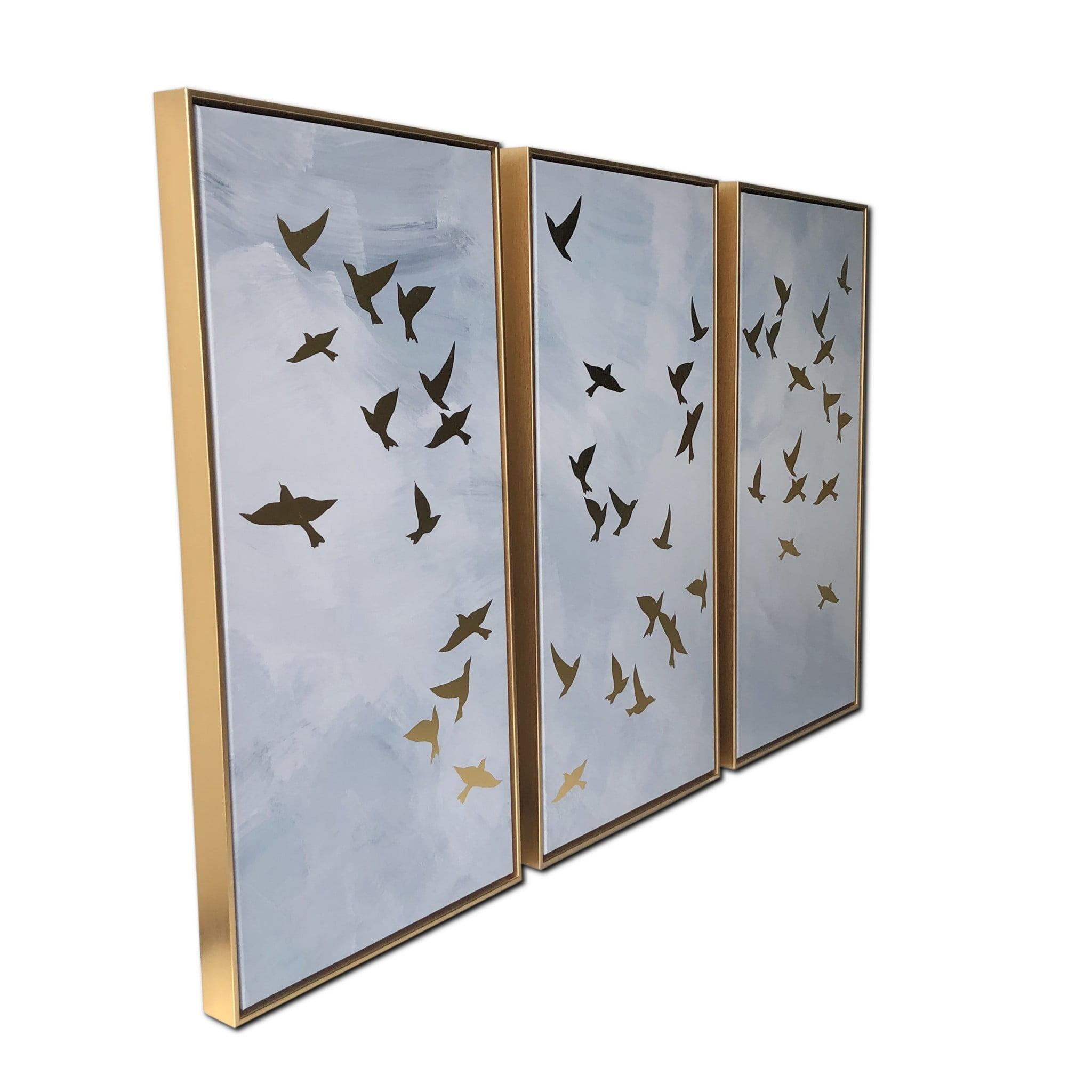 Golden Birds Triptych Framed Canvas Wall Art Set