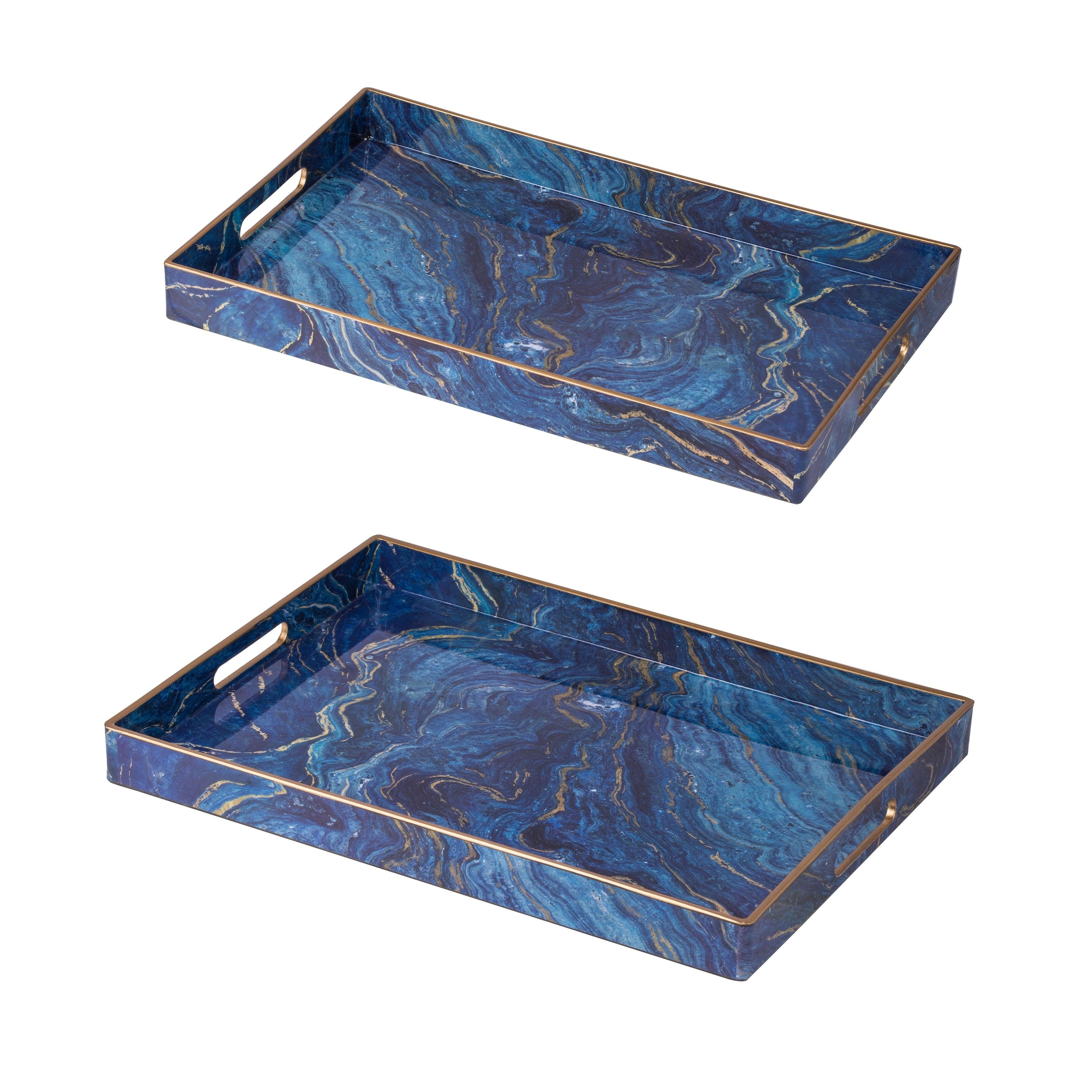 Blue and Gold Rectangular Plastic Serving Trays, Set of 2