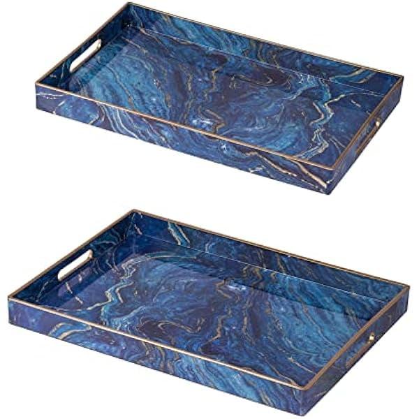 Blue and Gold Rectangular Plastic Serving Trays, Set of 2