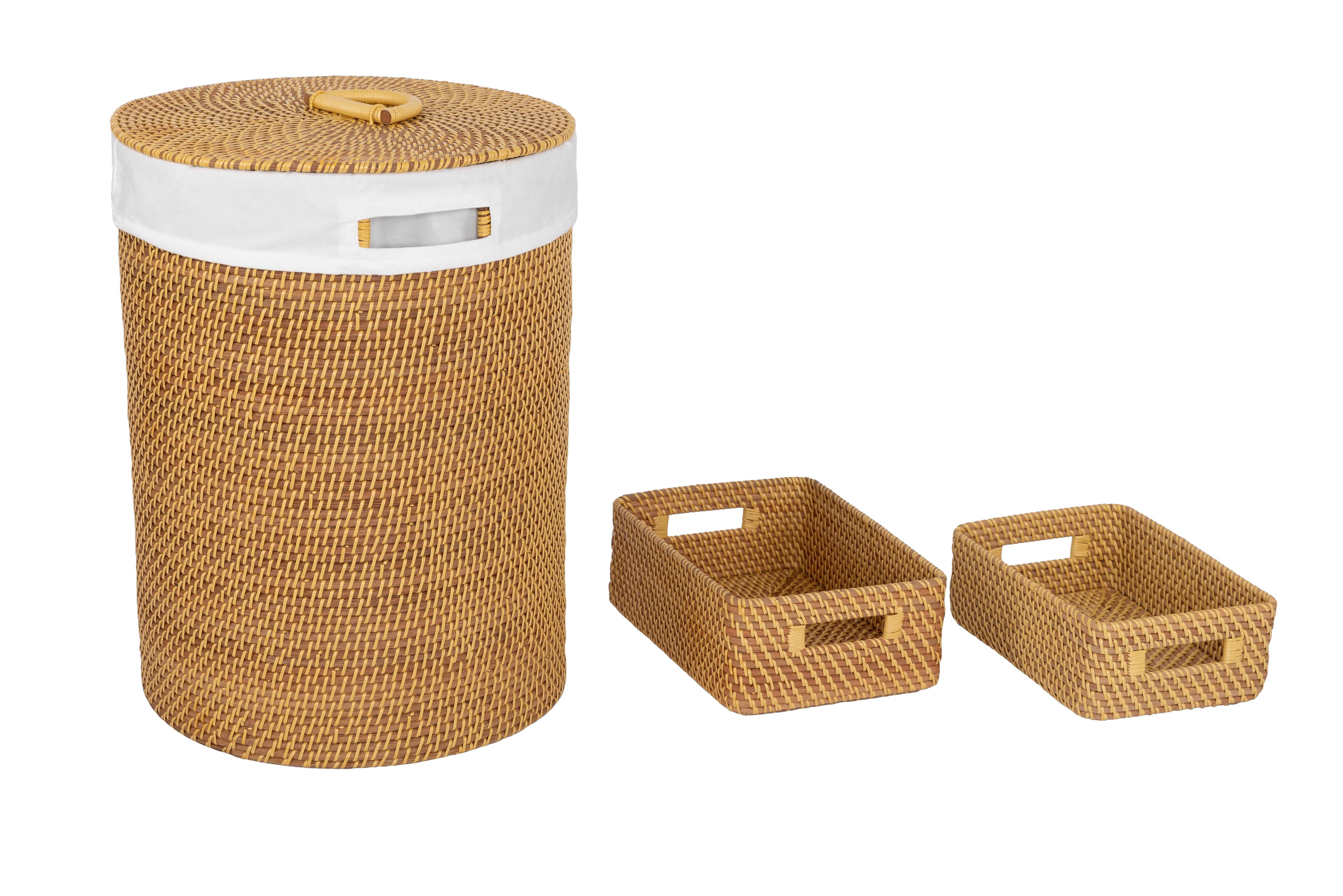 Handwoven Natural Wicker Lidded Laundry Hamper Set