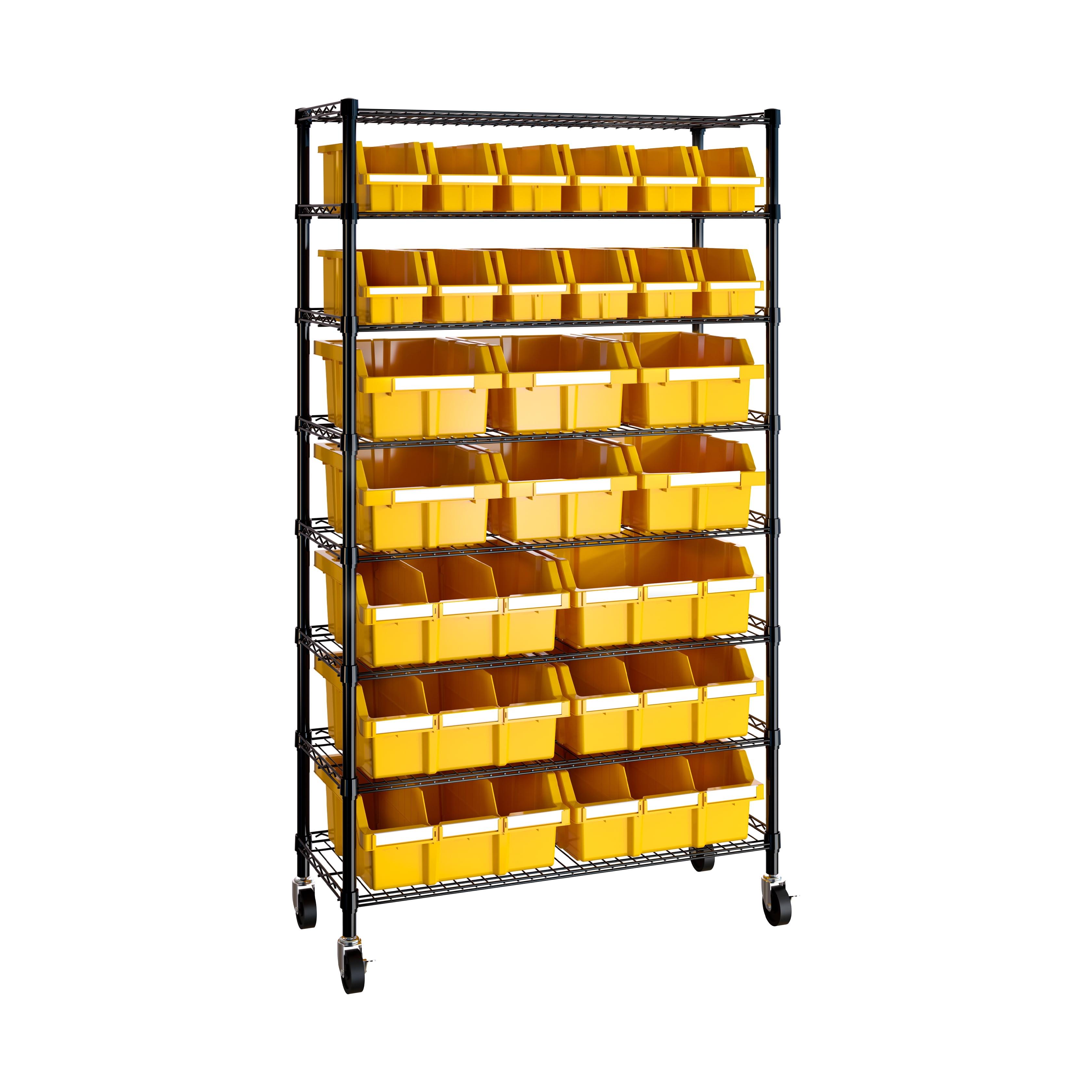 63.5" Black Steel 8-Tier Storage Rack with Yellow Bins