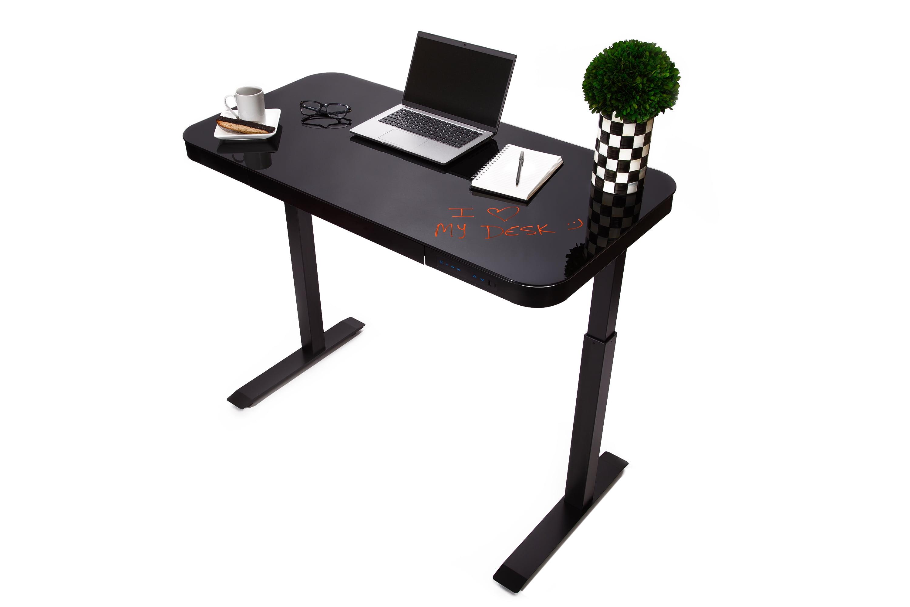 Black Adjustable Height Glass Standing Desk with USB Port and Drawer