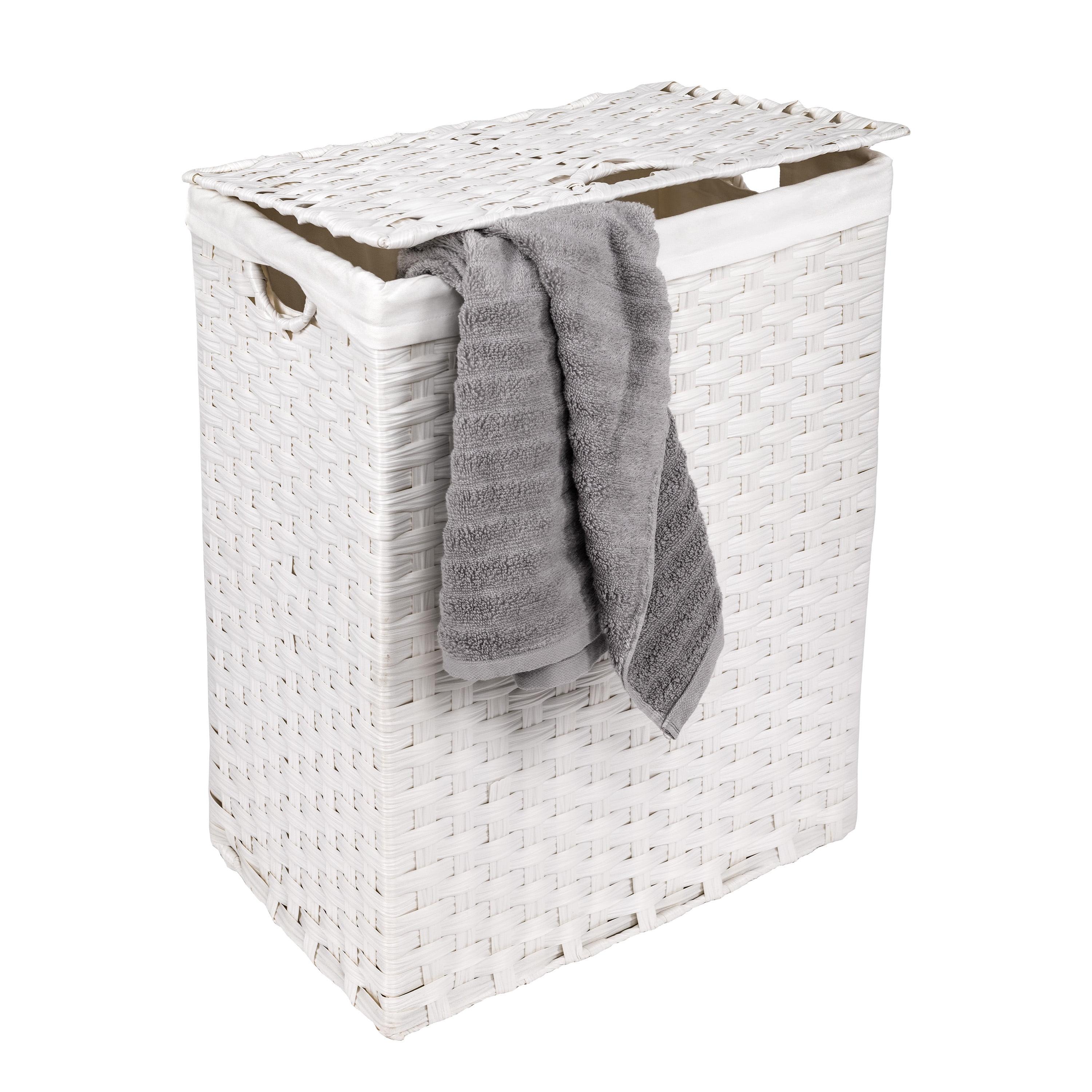 White Handwoven Collapsible Laundry Hamper with Lid