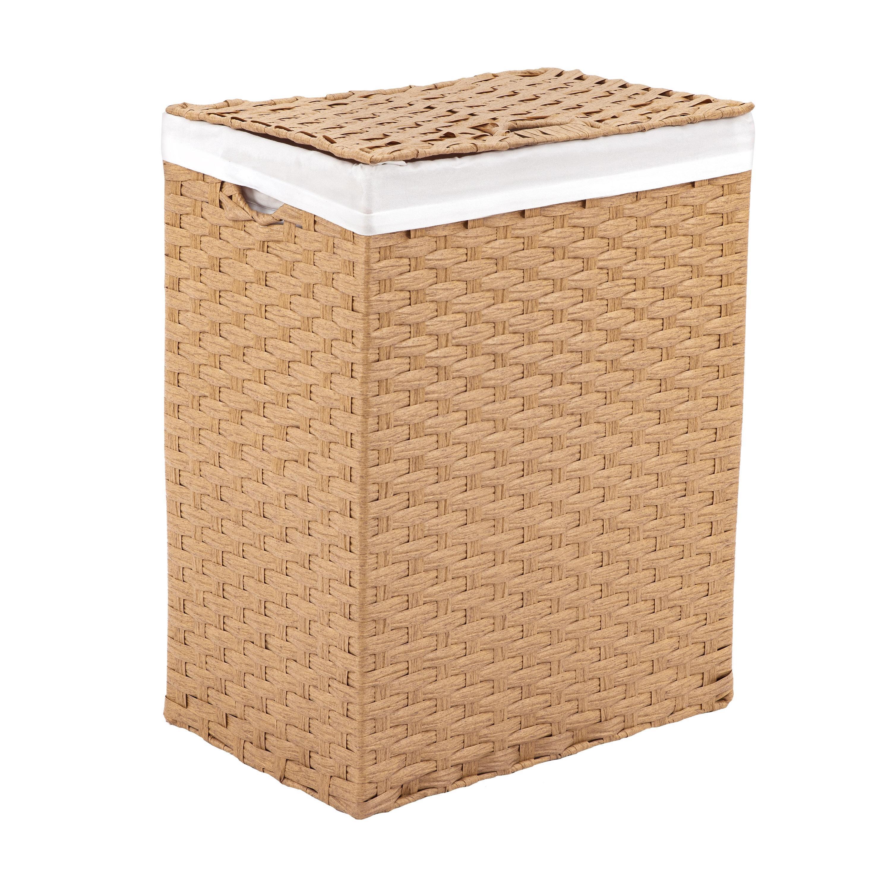 Tan Rectangular Wicker Collapsible Laundry Hamper with Lid