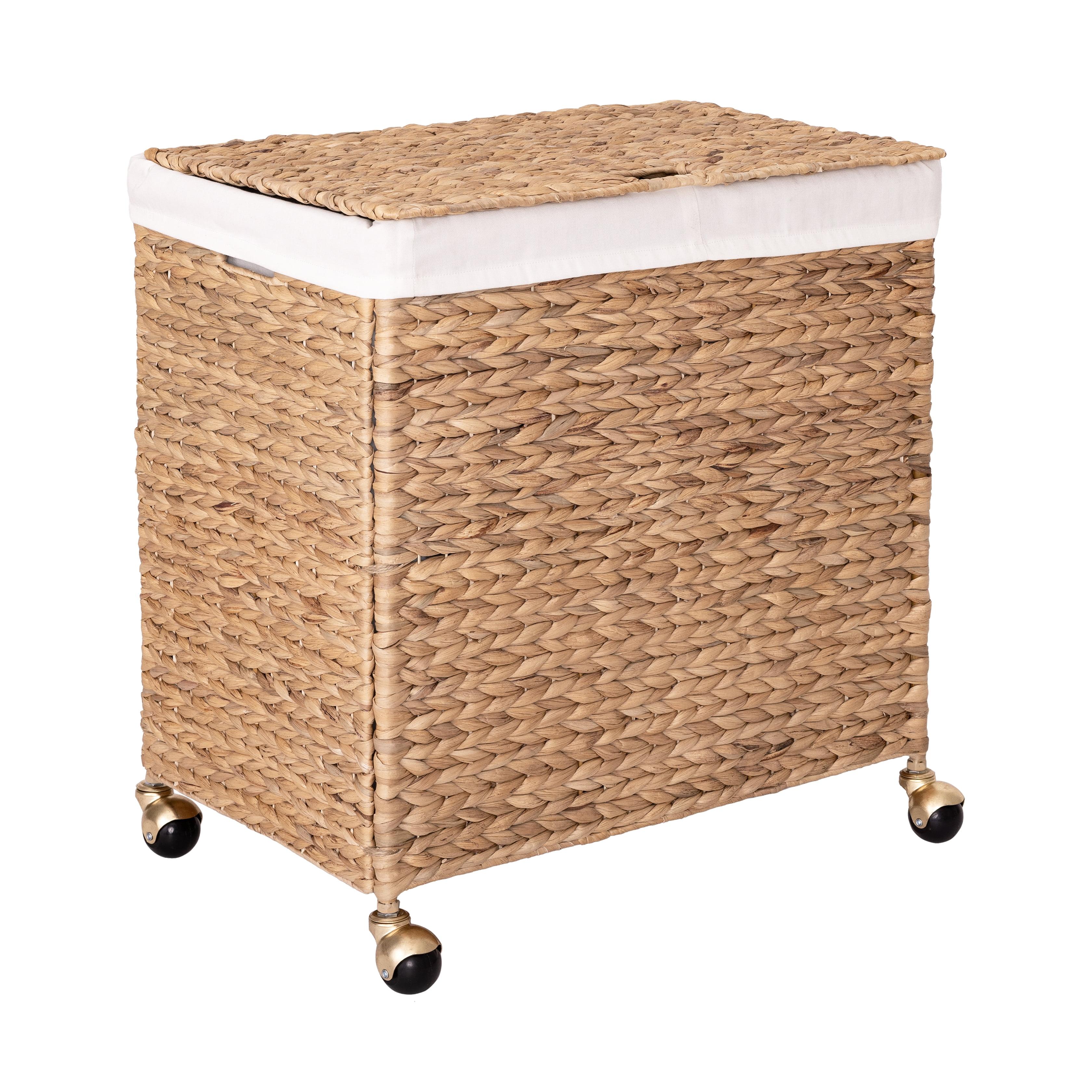 Sustainable Handwoven Lidded Rolling Laundry Sorter Hamper, Water Hyacinth