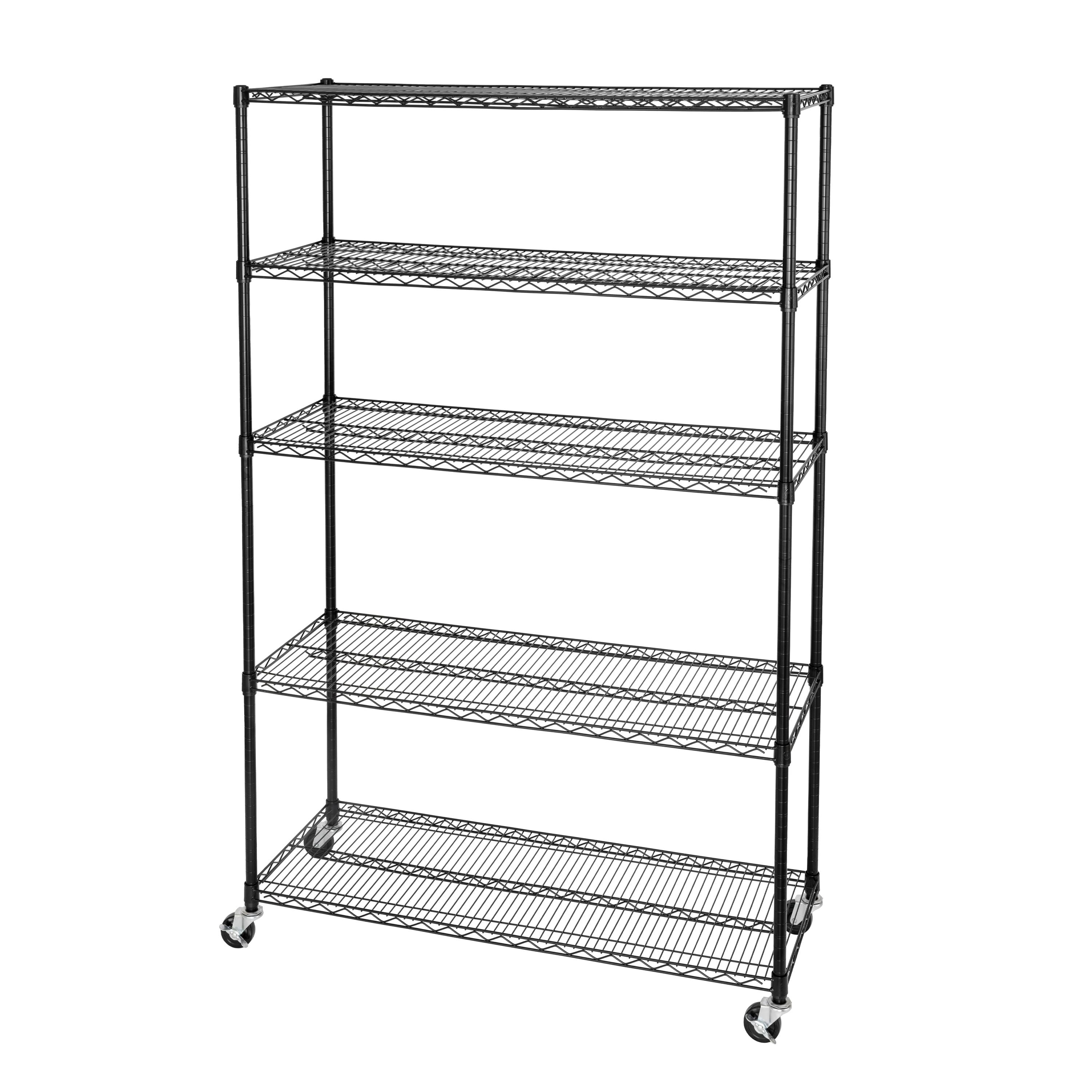 Black Adjustable 5-Tier Steel Wire Shelving Unit with Wheels