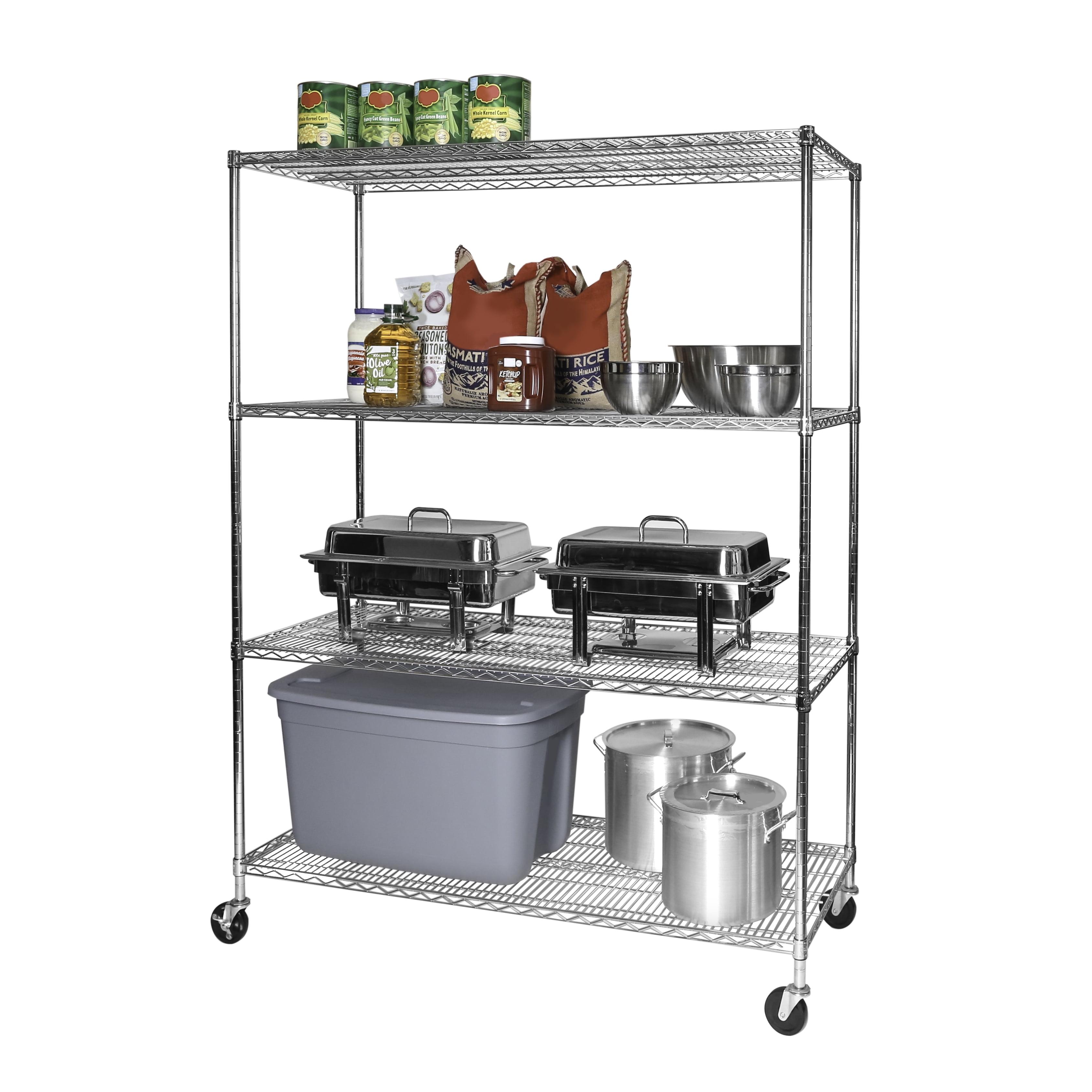 Versatile Chrome 4-Tier Steel Wire Adjustable Shelving Unit with Wheels