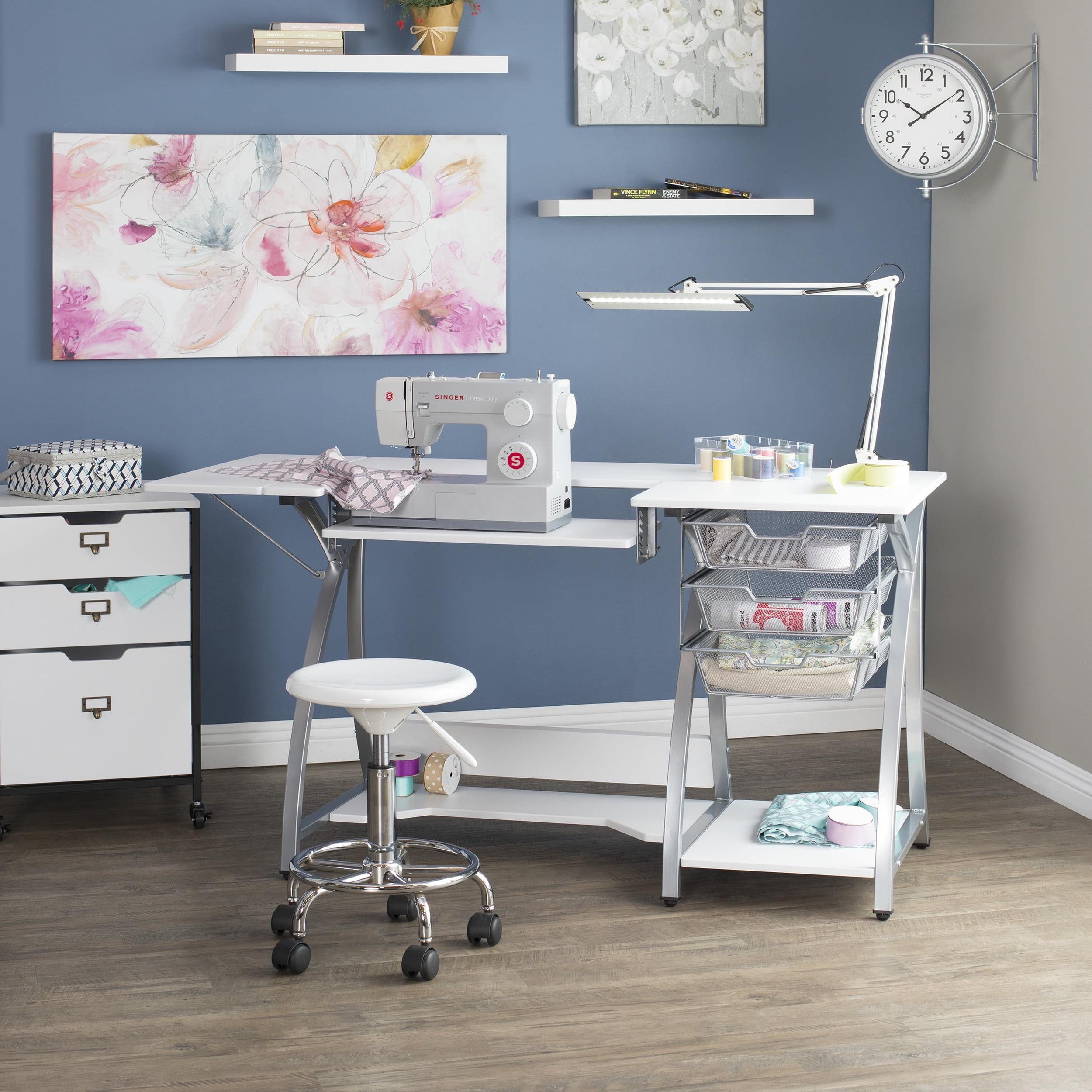 Silver and White Foldable Sewing Table with Mesh Drawers