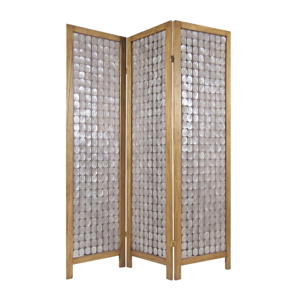 Sandy Brown Mango Wood and Capiz Shell 3-Panel Screen Divider